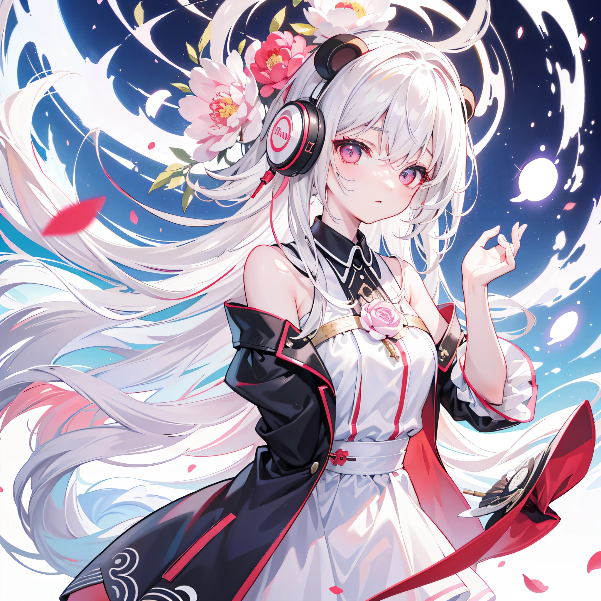 tmasterpiece,best qualtiy,Lots of detail,(full bodyesbian:1.2),tchibi,Panda Boy,White color hair,Magic dress,Light-colored headphones,3Drenderingof,Q printmaking style peony flower background