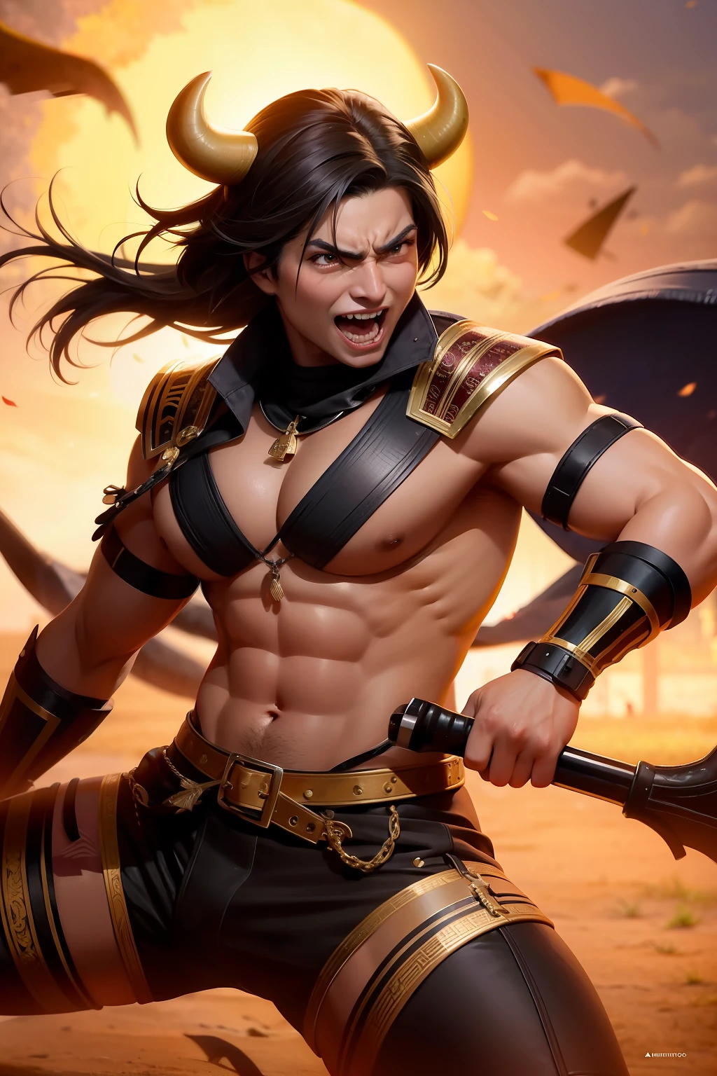 Bullfighting warriors，male people，cow horn，Ferocious