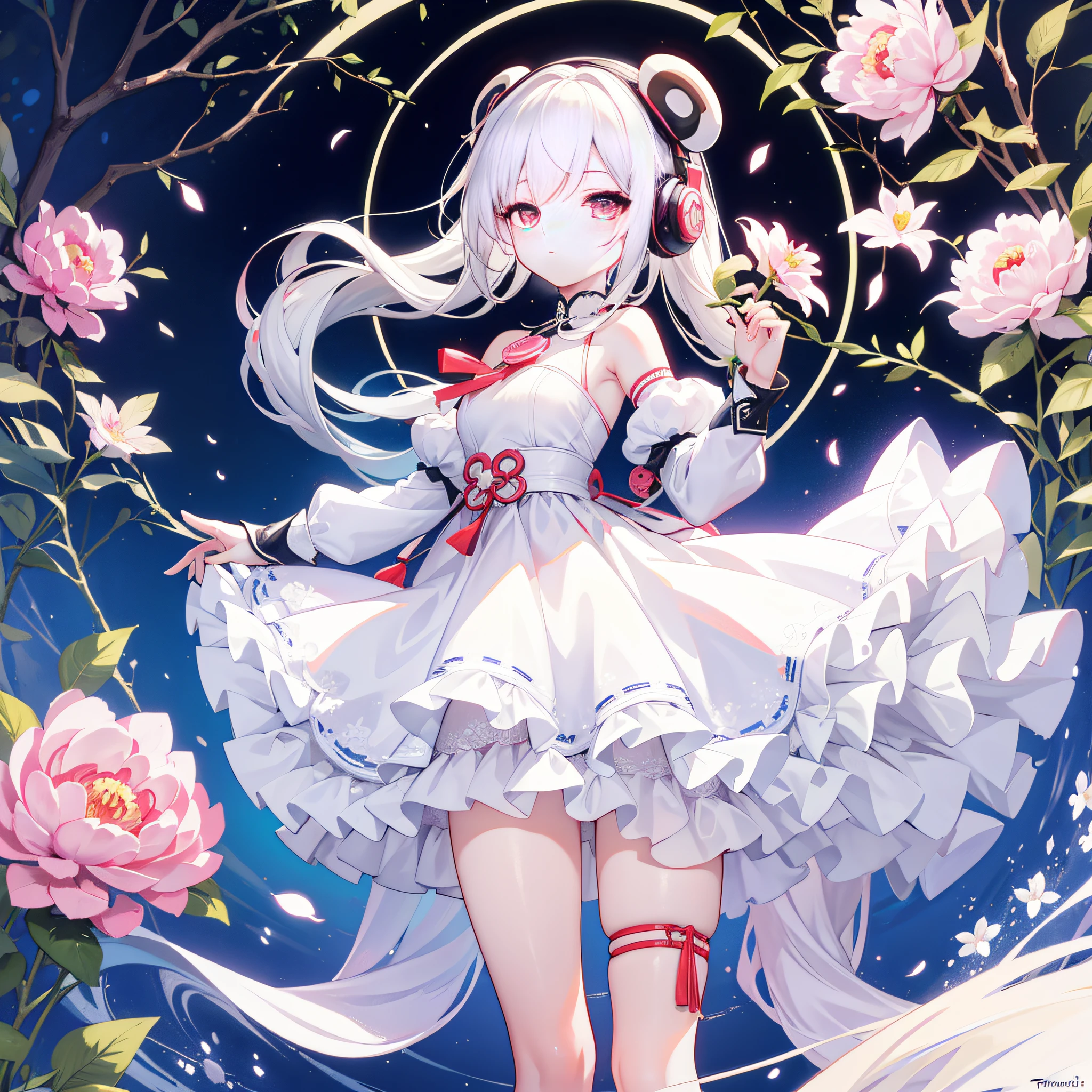 tmasterpiece，best qualtiy，Lots of detail，(full bodyesbian:1.2)，tchibi，Panda Boy，White color hair，Magic dress，Light-colored headphones，3Drenderingof，Q printmaking style peony flower background