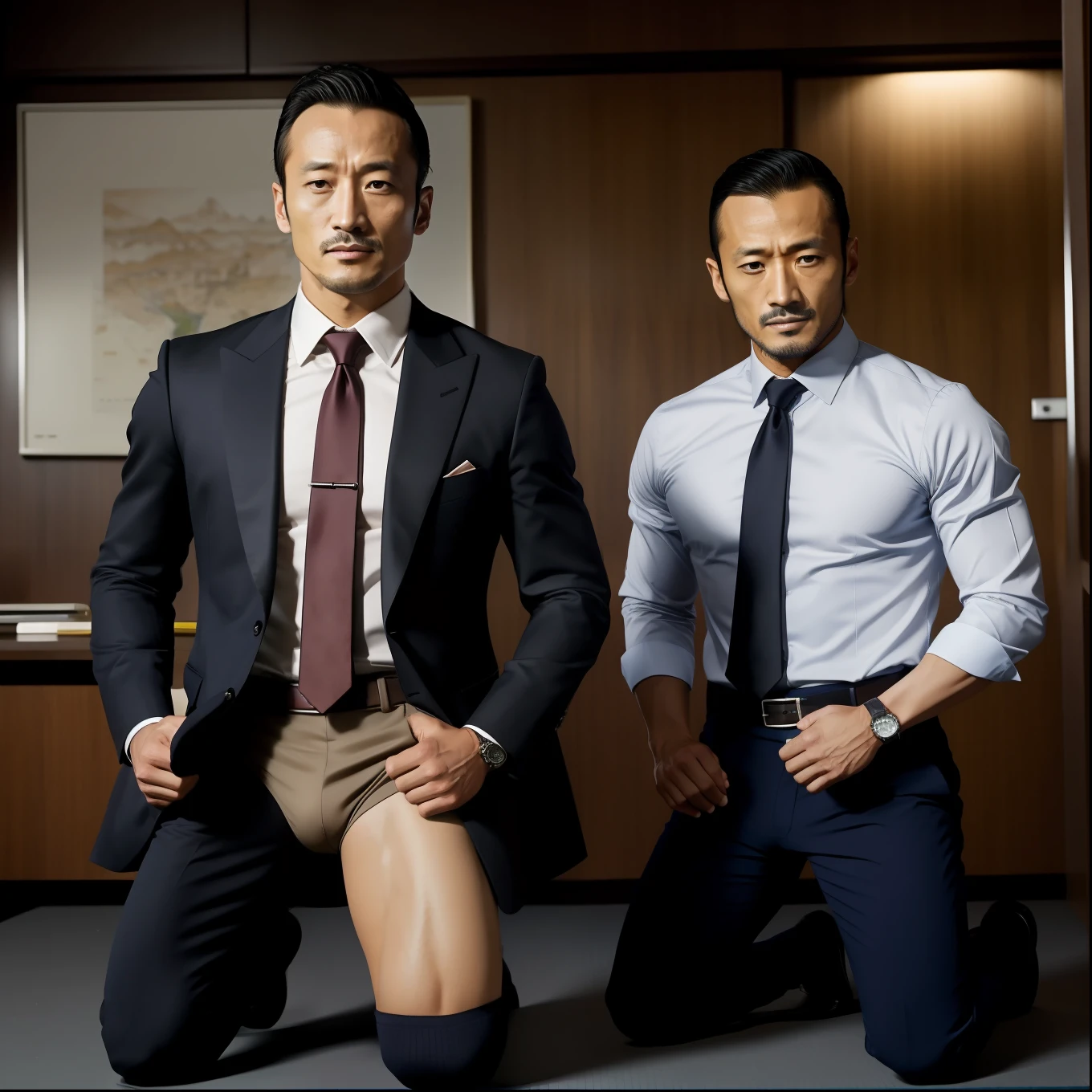 Hidetoshi Nakata ,Kogoro Mouri0.8,Tong,Bulge,sobu,office room,black long socks,Thin,musculature,lbeard,fortitude,artwork of a,tmasterpiece,k hd,two guys,Kneeling