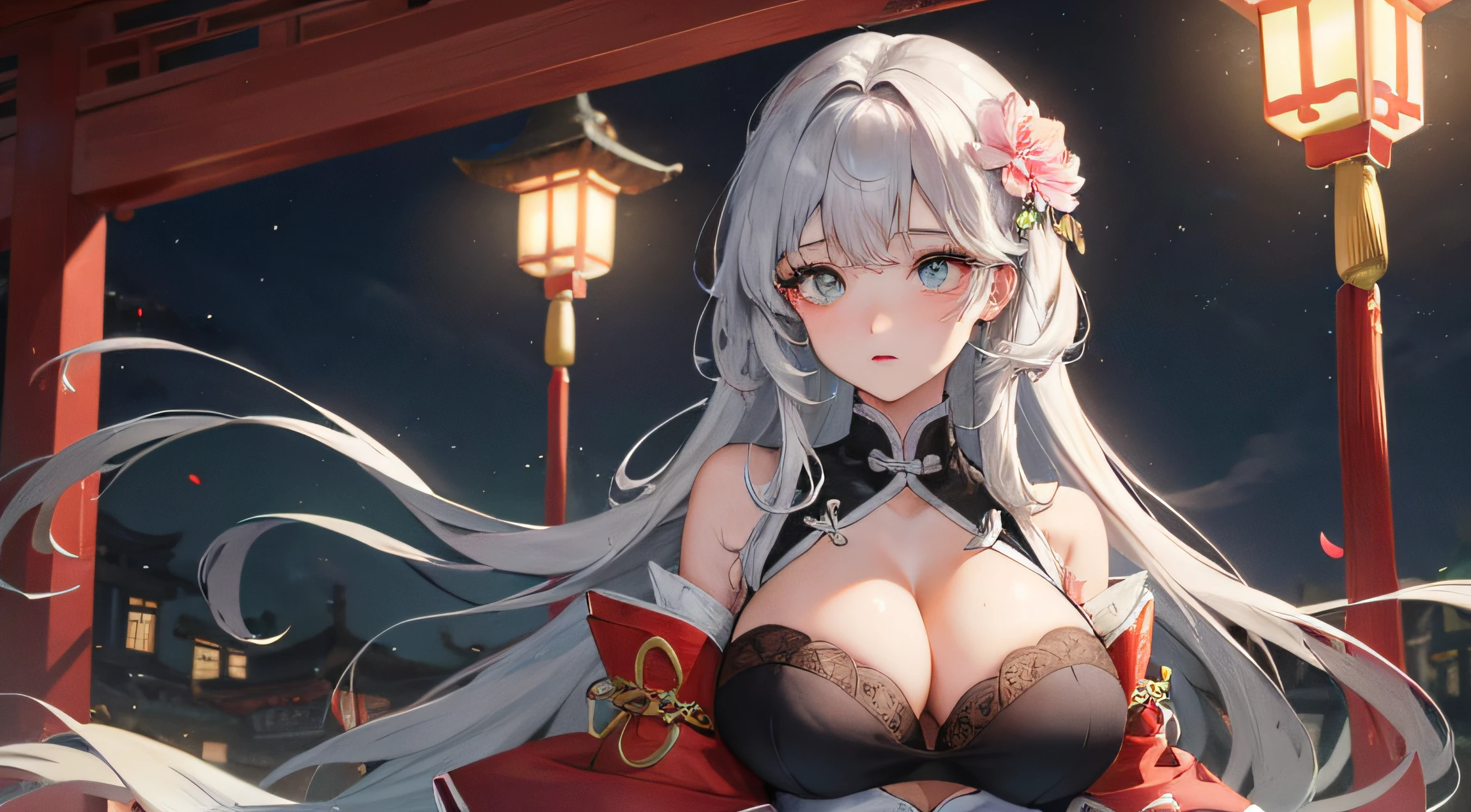 Masterpiece, Best quality, Night, full moon, 1 girl, Mature woman, huge tit,Wide open chest,(Open your clothes)Chinese style, Ancient China, sister, Royal Sister, Cold expression, Expressionless face, Silver white long haired woman, Light pink lips, calm, Intellectual, tribelt, Gray pupils,, flower ball background, Stroll through the street view