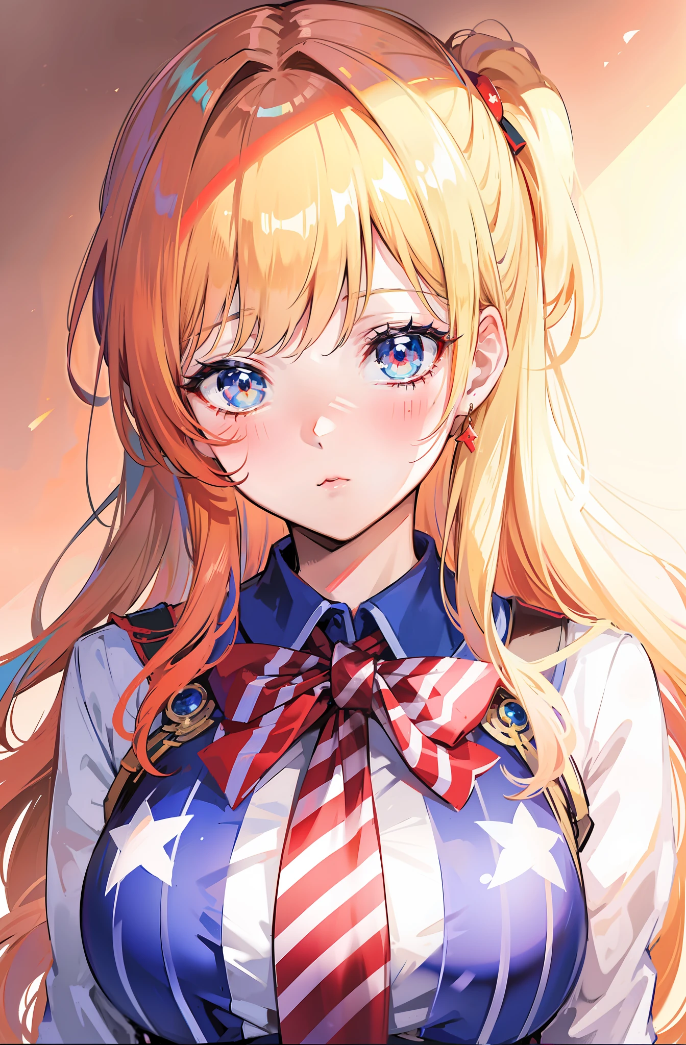longa do anime loira na camisa azul e branca e gravata vermelha, menina loira com cabelo longo, retratos bonitos da menina do an