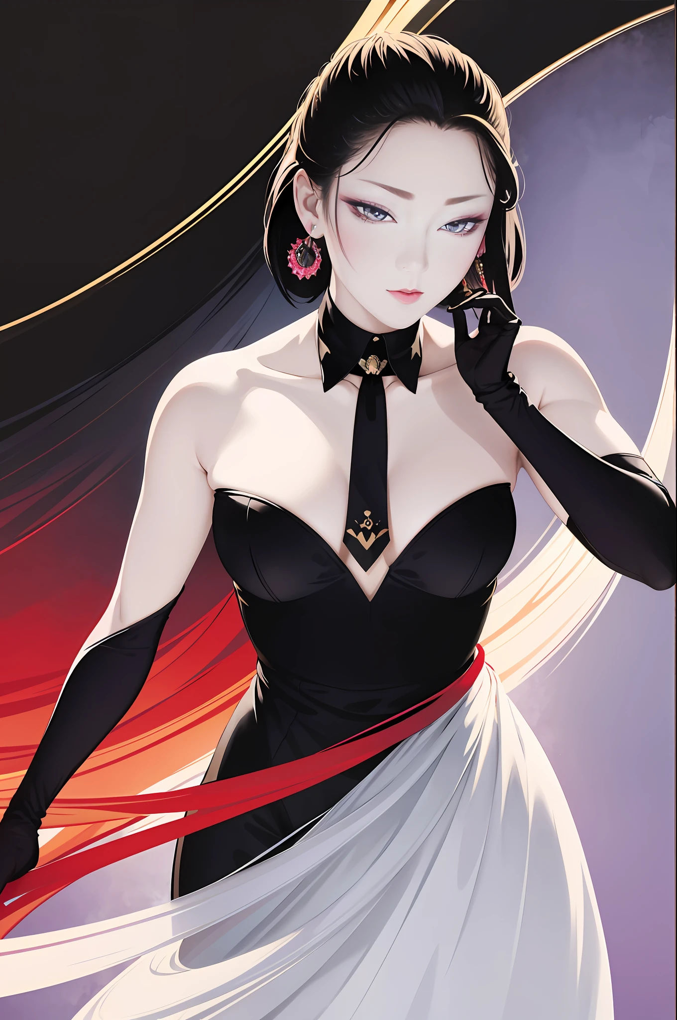 tsuruta ichiro, Narrow-eyed, 1girl in, Allback、deadpan、short-hair、shorth hair、brow、Reluctance、A dark-haired、shairband,Gibson Tuck, ((mideum breasts)), Thin slit eyes、Black eyes, Light shines on the eyes、Black hair, gloves, Dress, Luxurious Jewelry, earrings, sharp eye、 elbow groves,Raise your hands and tie your hair back, random color, random color dress, Makeup for long eyes, Slender eyes、Complex petal pattern, Rim Light, Back Light, pastel color,Studio Lighting