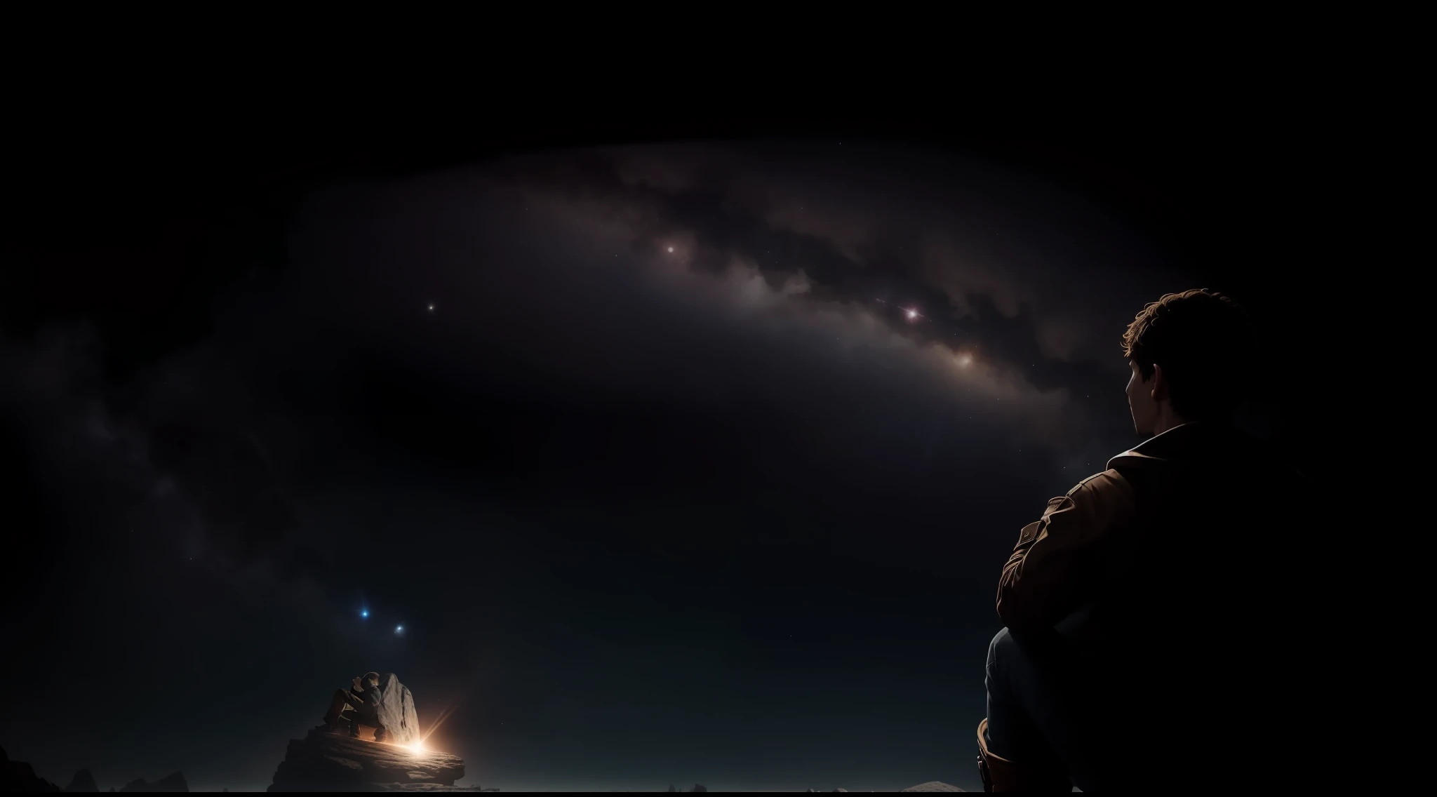 Draw a young programmer sitting on a research platform floating in the middle of an asteroid belt。He is studying in a notebook surrounded by several asteroids that glow with a fiery aura。Dramatic lighting from distant stars and planets illuminates the scene、Cast deep shadows on Timberland's clothes。The young man looks confident and determined、Looking at the vast and mysterious universe with wonder and respect、facial hairs、cowboy shot、A detailed eye