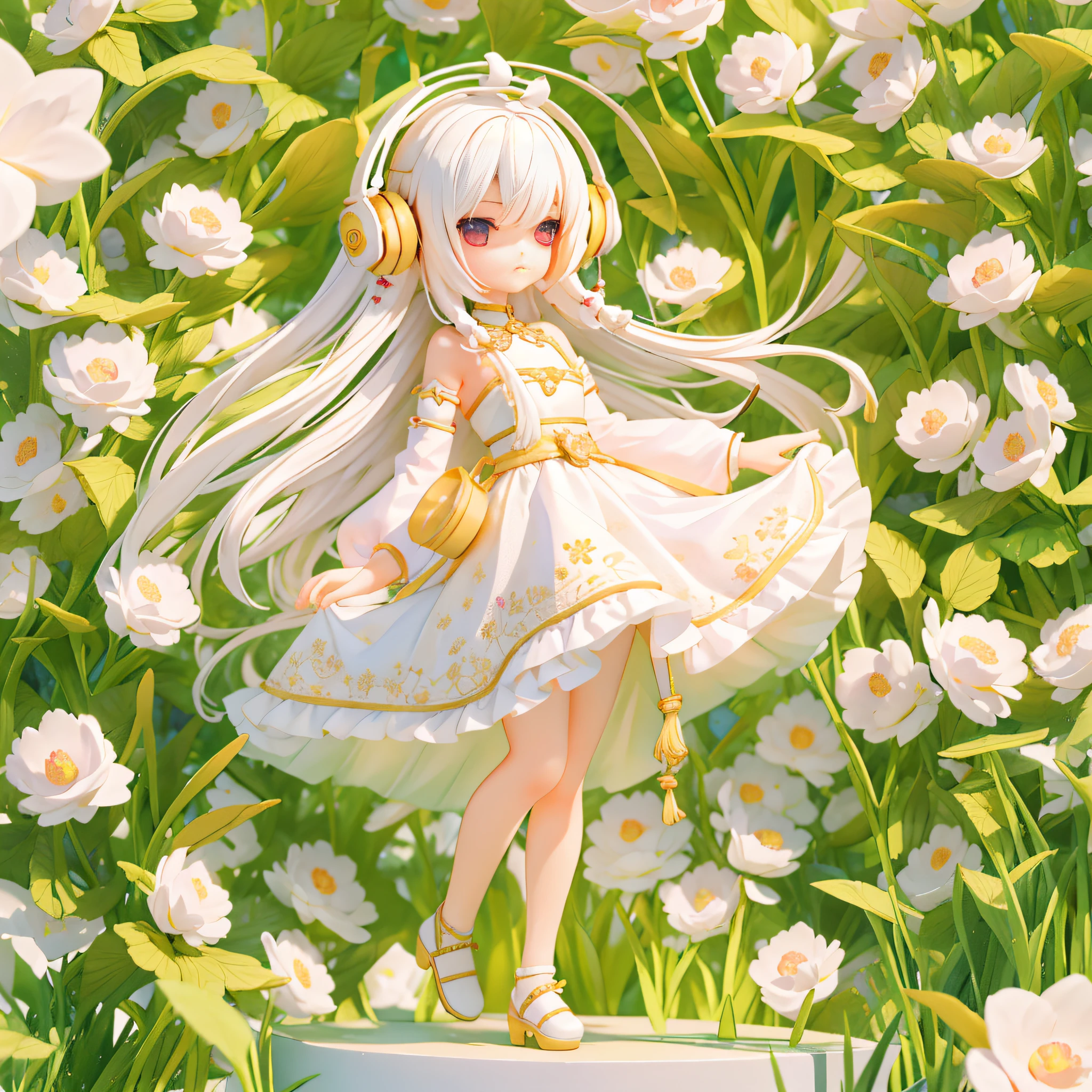 tmasterpiece，best qualtiy，Lots of detail，(full bodyesbian:1.2)，tchibi，Panda Boy，White color hair，Magic dress，Light-colored headphones，3Drenderingof，Q printmaking style peony flower background