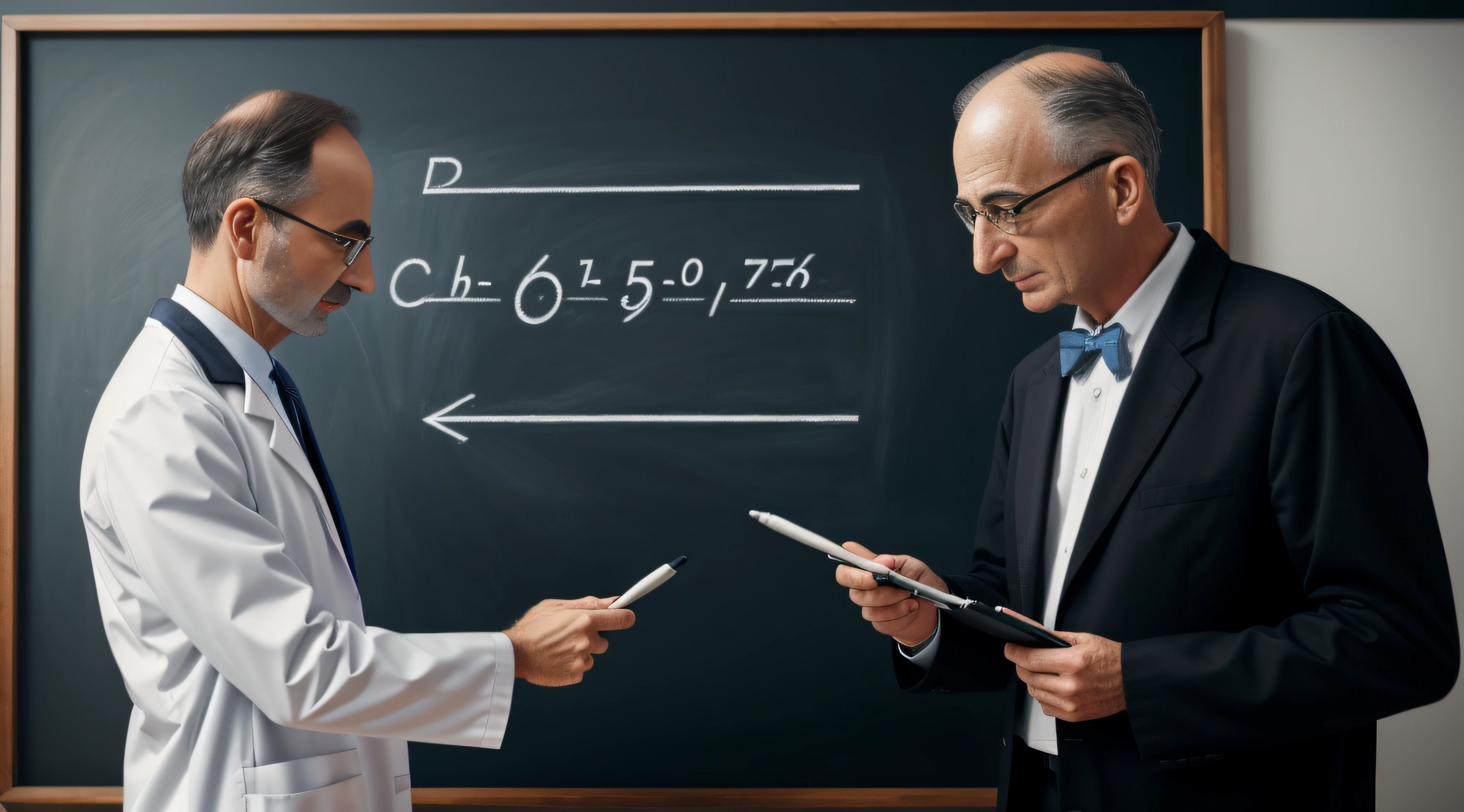 Doctor Oppenheimer performing calculations on his blackboard with a white crayon, realista, detalhado, 4k