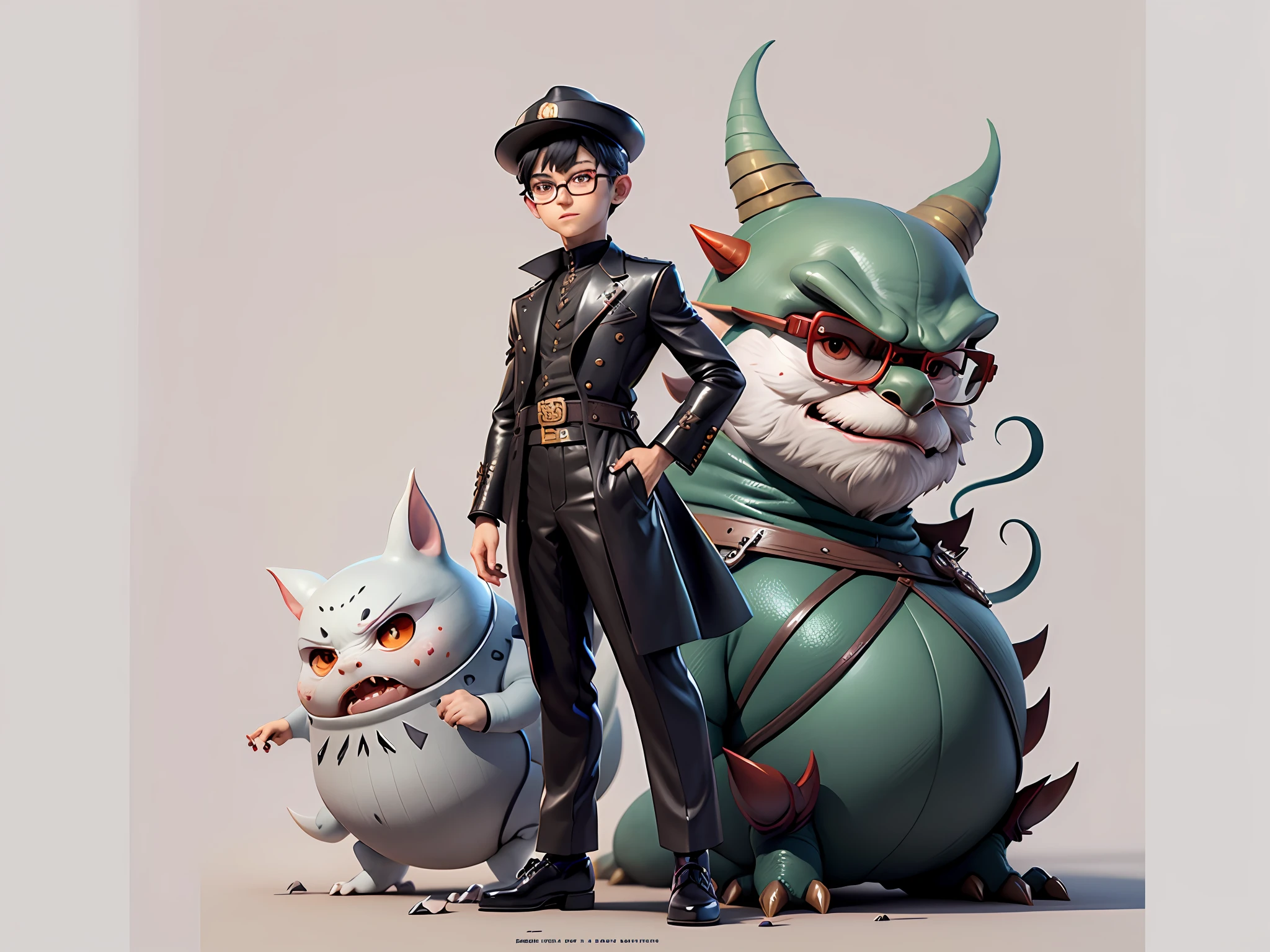 Young man with oriental face in leather hat, dragon, formal suit, short black hair, silver glasses, digital painting, 3D character design by Mark Clairedon and Pixar and Hayao Miyazaki and Akira Toriyama, the illustration is a high-definition illustration in 4K resolution with very detailed facial features and cartoon-style visuals.