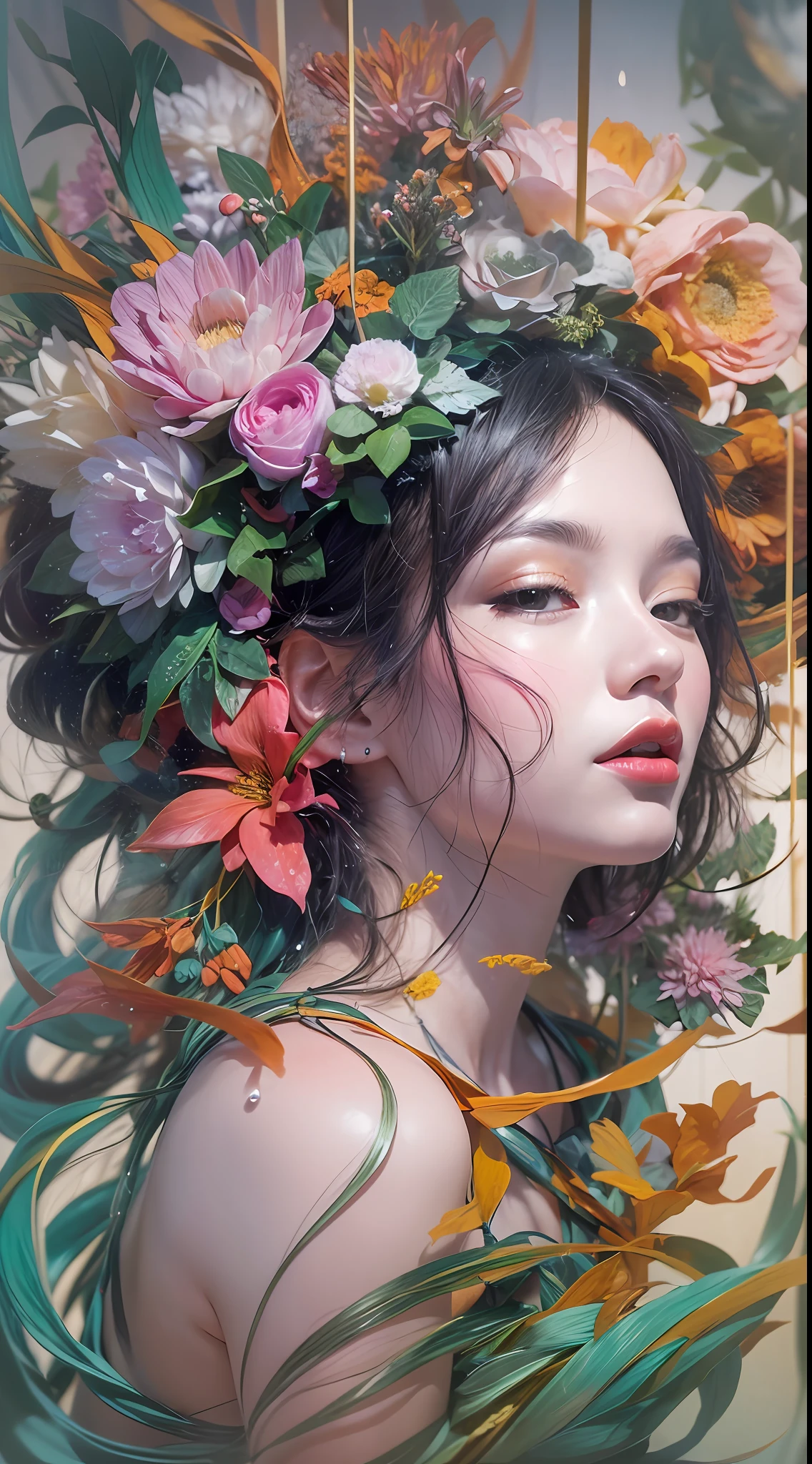 official art, unity 8k wallpaper, ultra detailed, beautiful and aesthetic, masterpiece, best quality, (zentangle, mandala, tangle, entangle), (fractal art, ?????, perfect breasts:1.3) , 1girl, extremely detailed, dynamic angle, the most beautiful form of chaos, elegant, a brutalist designed, vivid colours, romanticism, by james jean, roby dwi antono, ross tran, francis bacon, michal mraz, adrian ghenie, petra cortright, gerhard richter, takato yamamoto, ashley wood, atmospheric, ??????? of musical notes, streaming musical notes visible , ear wolf, flower effect , flower background , (water splash) ,