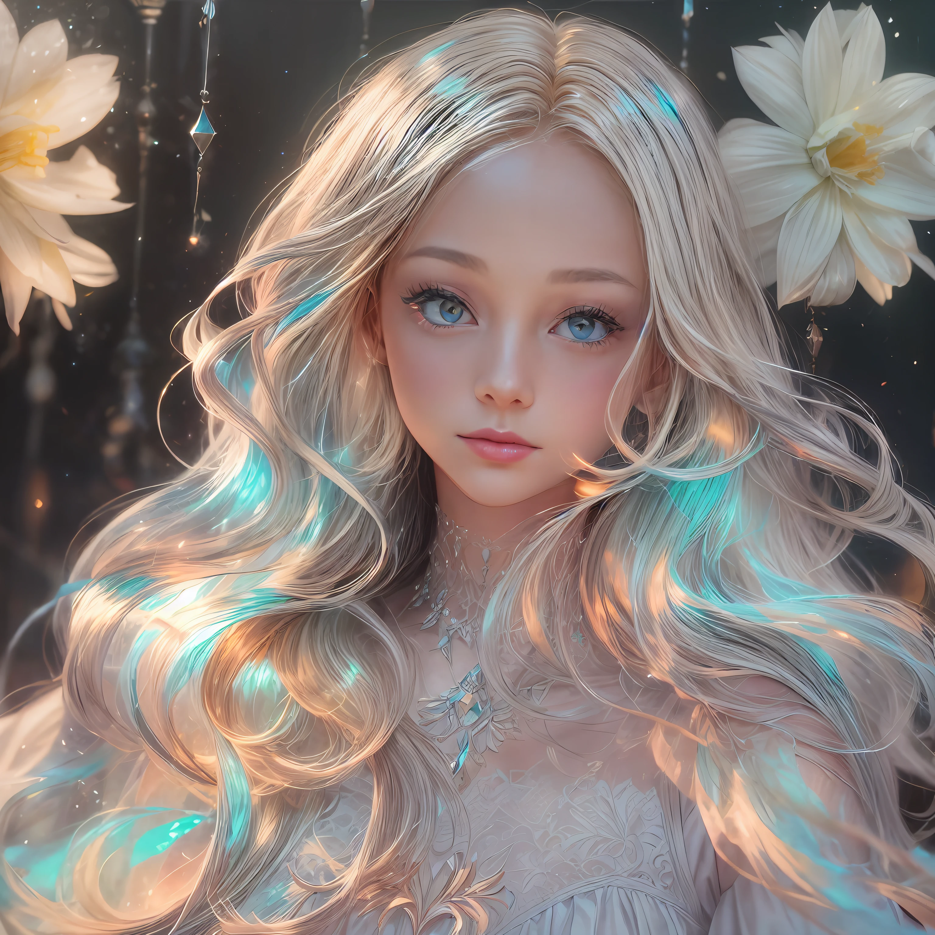 (Hologram:1.5)(Beauty side face,Delicate facial features,long whitr hair,eye closeds,Masterpiece Narcissus),with rainbow colored background,(illustratio:1.3,paper art:1.3, tangled:1.2,geomerty:1.2 ,3Drenderingof),(best qualtiy,high detal,tmasterpiece,Cinematic lighting effects,4K,Chiaroscuro)