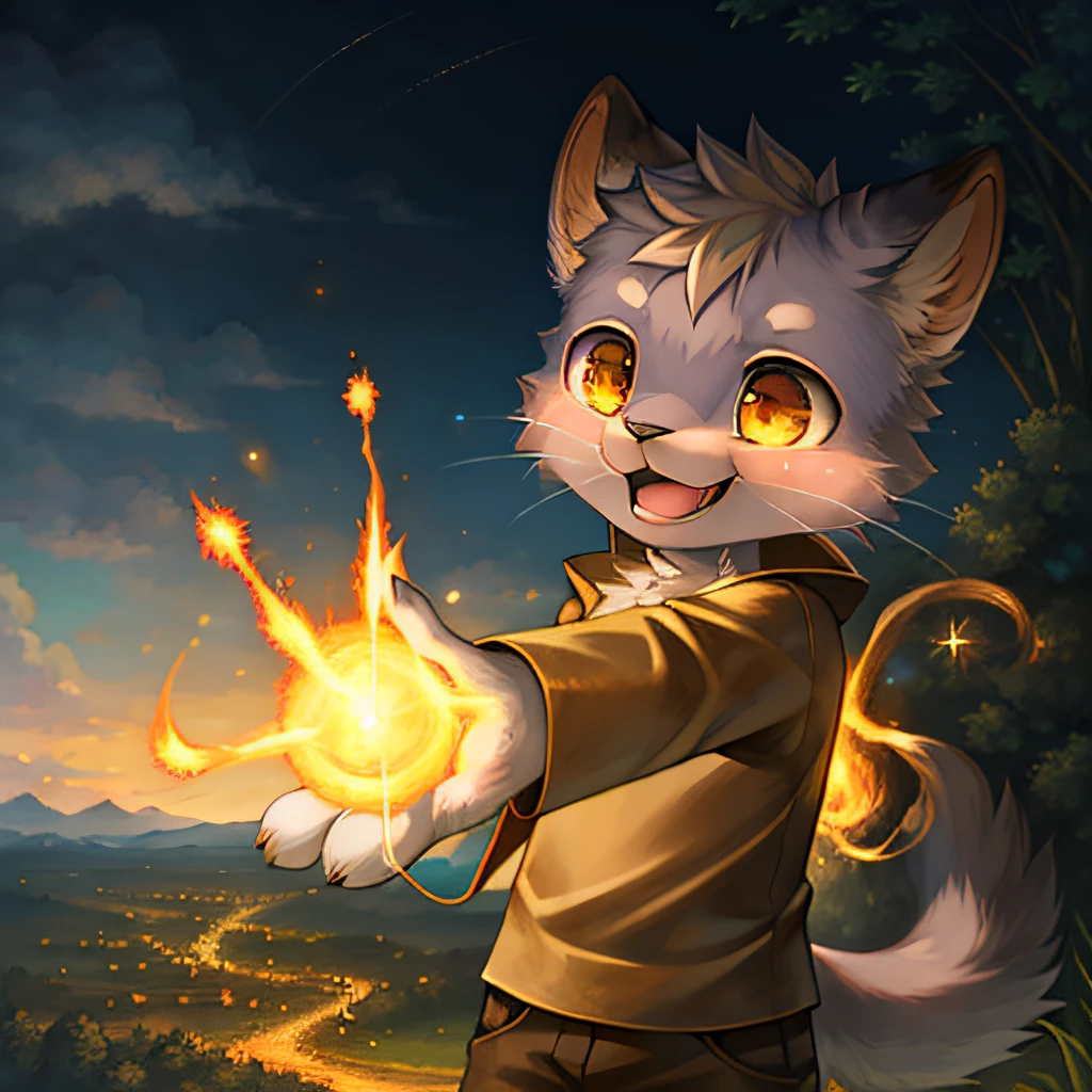 masterpiece, high quality landscape, realistic, anthro, furry, silver fur, (cub), (whiskers), , solo boy, wearing burnt clothes, (laughing), full shot, ((magic)), shooting fireballs, (by kekitopu)