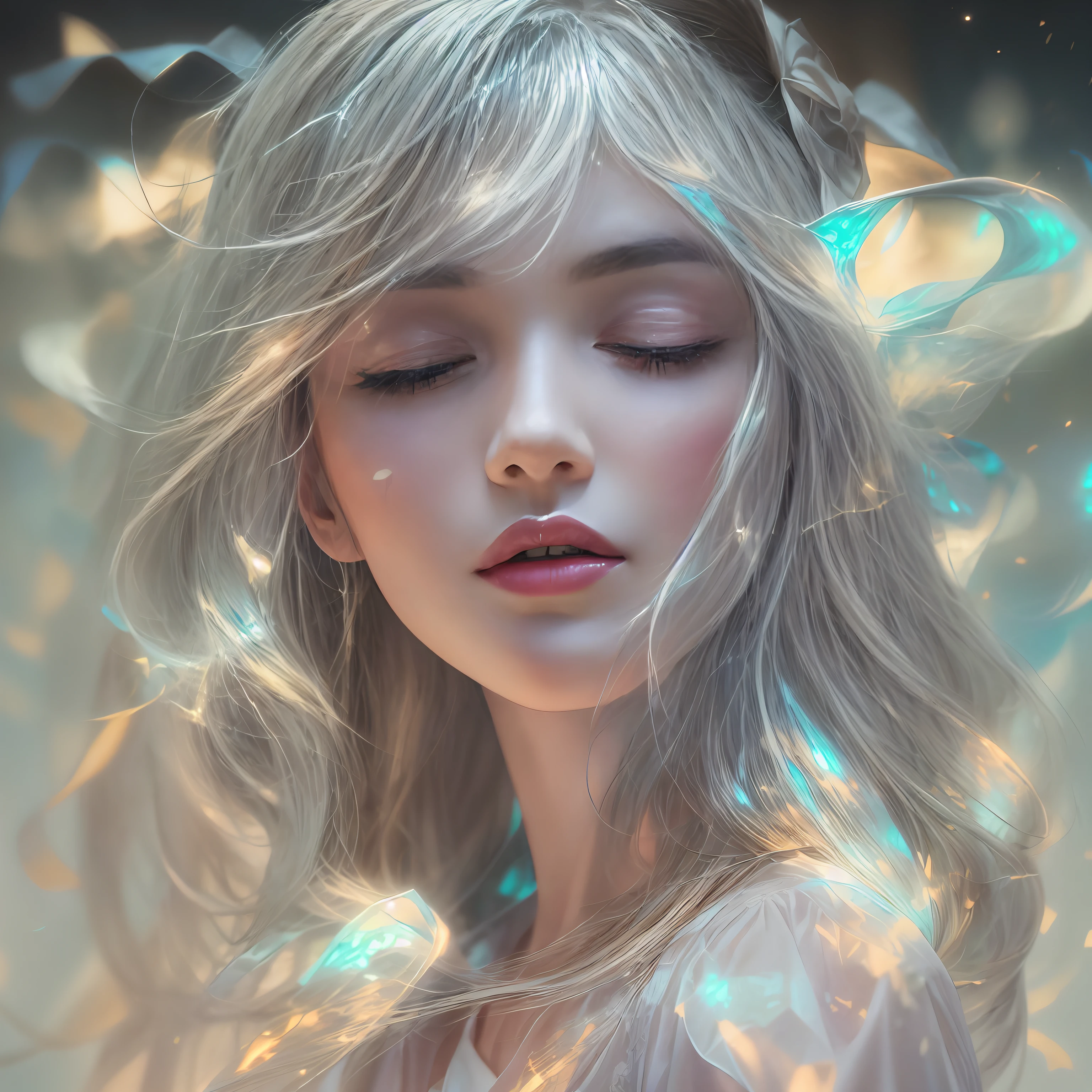 (Hologram:1.5)(Beauty side face,Delicate facial features,long whitr hair,eye closeds,Masterpiece Narcissus),with rainbow colored background,(illustratio:1.3,paper art:1.3, tangled:1.2,geomerty:1.2 ,3Drenderingof),(best qualtiy,high detal,tmasterpiece,Cinematic lighting effects,4K,Chiaroscuro)