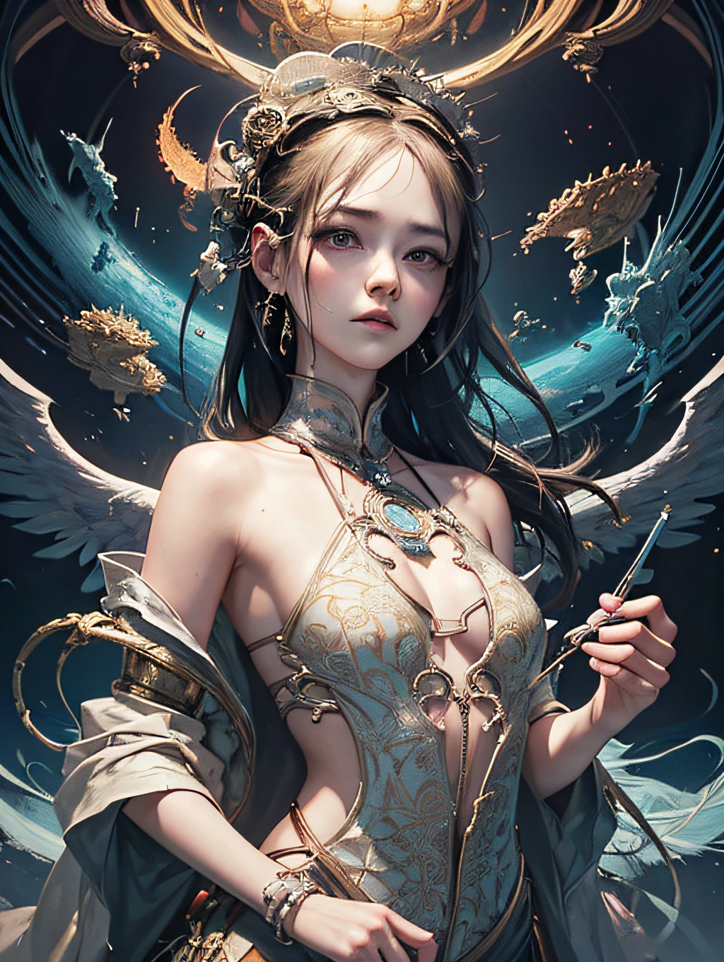 official art, unity 8k wallpaper, ultra detailed, beautiful and aesthetic, masterpiece, best quality, (zentangle, mandala, tangle, entangle), (fractal art:1.3) , 1girl, extremely detailed, dynamic angle, cowboyshot, the most beautiful form of chaos, elegant, a brutalist designed, vivid colours, romanticism, by james jean, roby dwi antono, ross tran, francis bacon, michal mraz, adrian ghenie, petra cortright, gerhard richter, takato yamamoto, ashley wood, atmospheric, ecstasy of musical notes, streaming musical notes visible