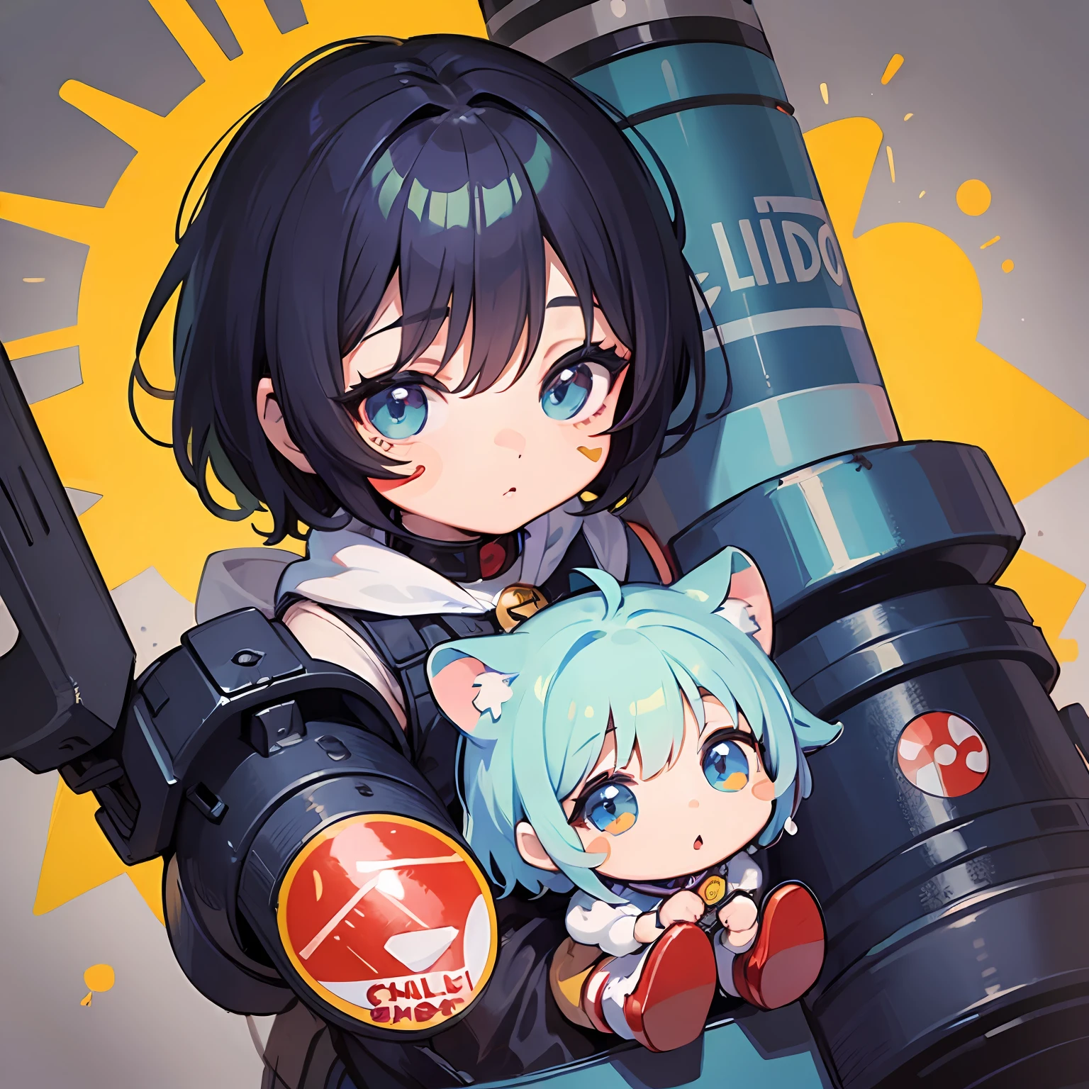 ((Sticker:1.5)))、((Chibi Chara))、(rocket launchers)、Fluffy、Libido boy,Gun,kiss marks,Bloody bodiment、Short hair、children's storybook、Fantastical、Masterpiece、best qualityer、High picture quality