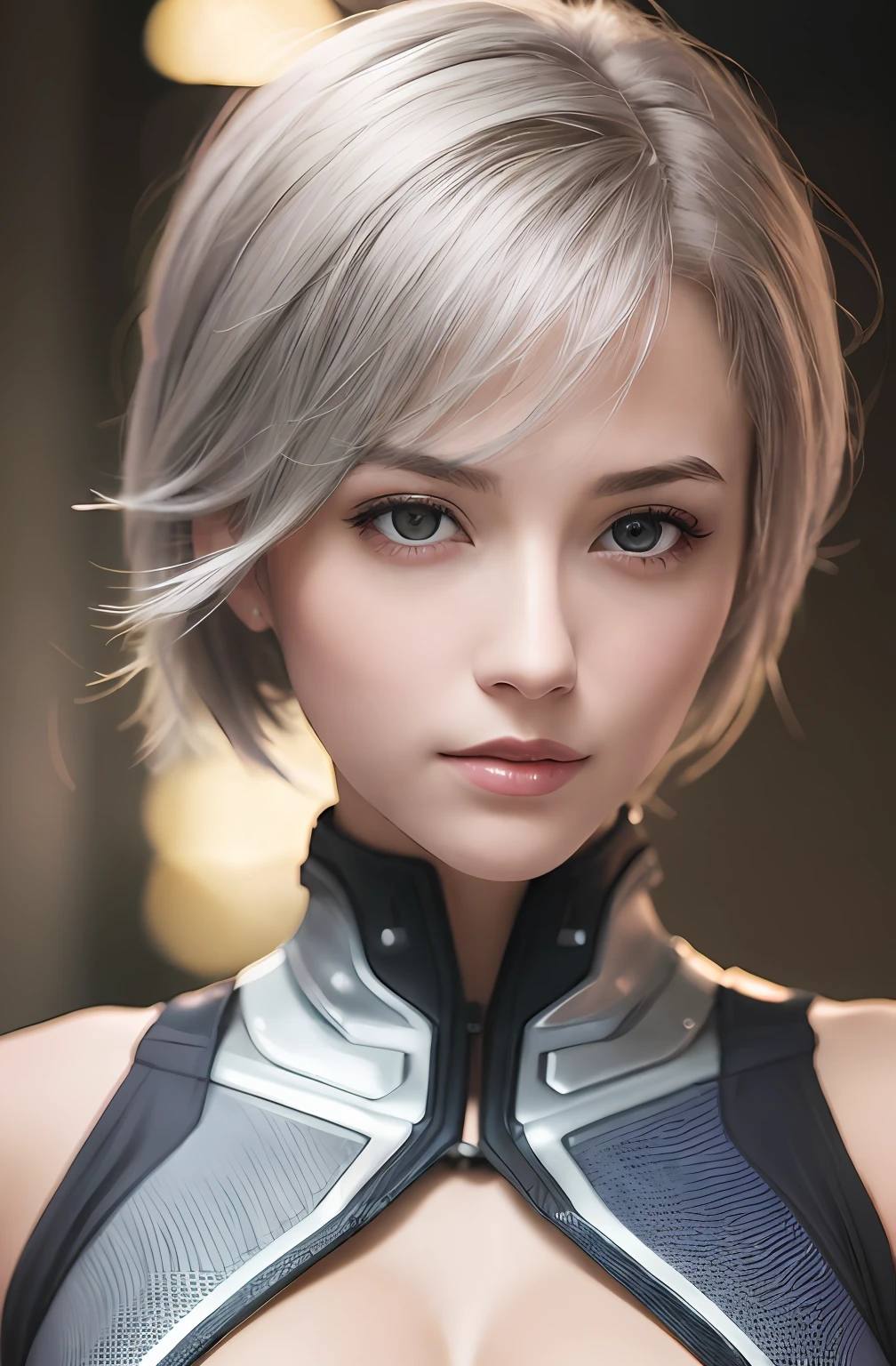 (8k, photorealistic, RAW photo, top quality: 1.4), (1girl), super beautiful, (realistic face), (boyish, silver-colored berry short hair), beautiful cyberpunk suit, glares seducing viewer, beautiful expression, beautiful breasts, (realistic skin), beautiful smile, (soldier), attractive, ultra high resolution, ultra realistic, high definition, spoiled