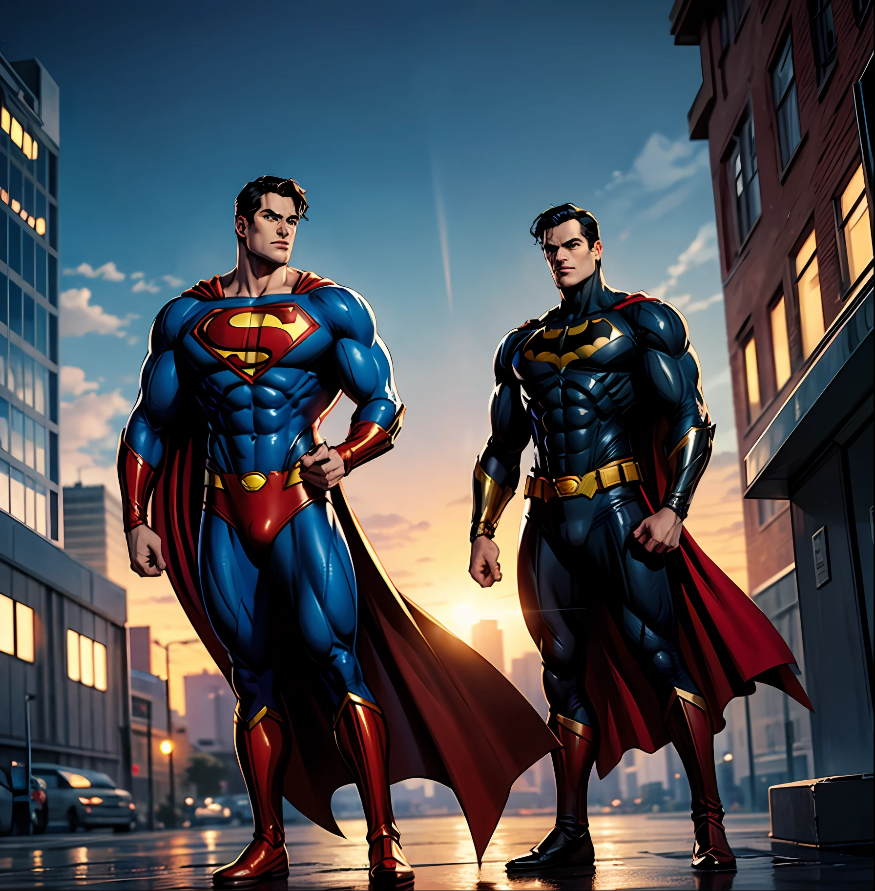 Superman e Batman, na cidade, brigando, chuva