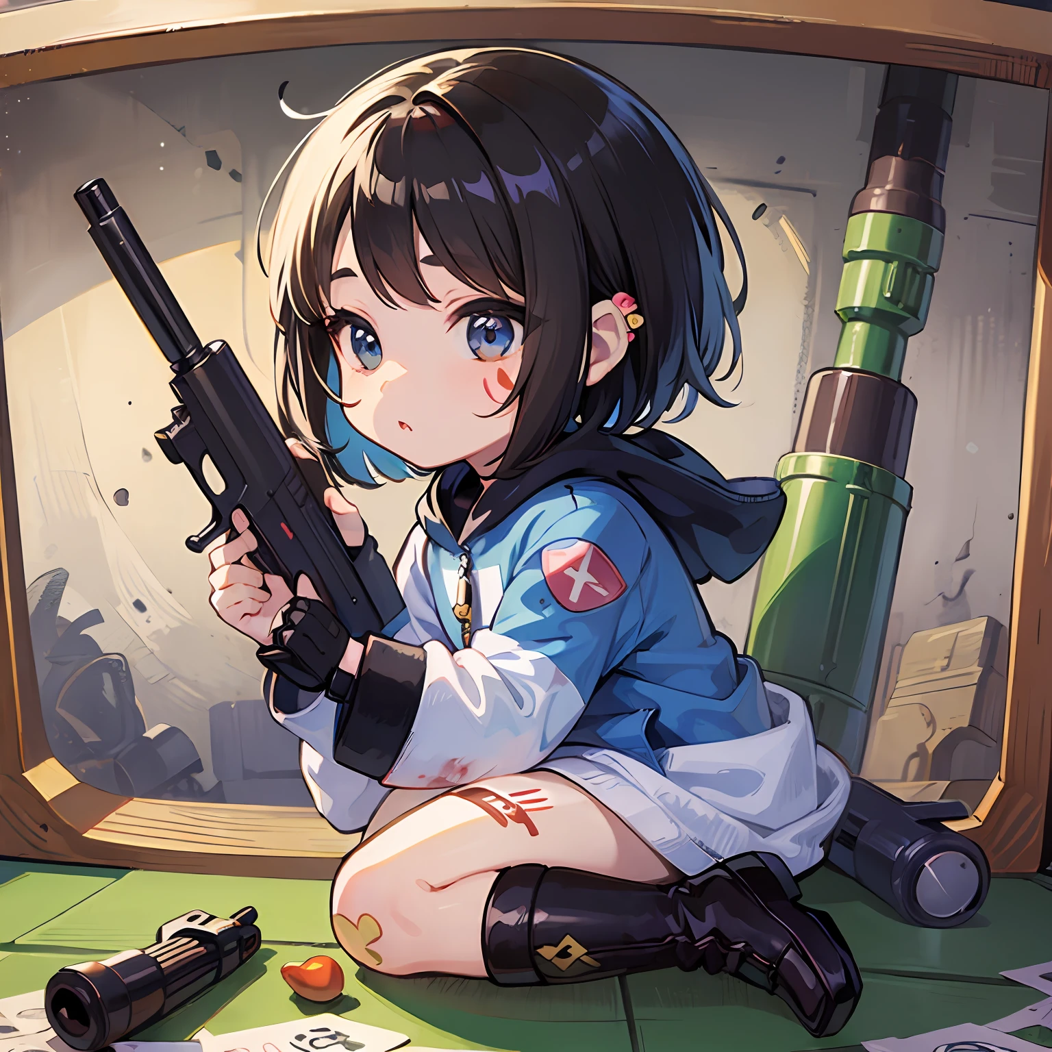 ((Sticker:1.5)))、((Chibi Chara))、(rocket launchers)、Fluffy、Libido boy,Gun,kiss marks,Bloody bodiment、Short hair、children's storybook、Fantastical、Masterpiece、best qualityer、High picture quality