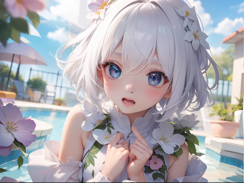 Best quality, tmasterpiece, 5 years old girl, Short white hair, eBlue eyes, By the pool, The expression is scared, Wear a floral dress, Show your upper body, The shadow is long