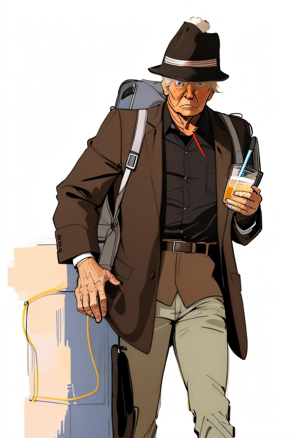 Man with a backpack and a drink in his hand, Donald ????? como um sem-teto, taken in the early 2020s, Directed by: Linda Sutton, Directed by: Jim Nelson, Directed by: Joe Stefanelli, Foto do perfil, robb cobb, Close-up de corpo inteiro, Directed by: Anita Kunz, corpo inteiro disparado de perto, um homem