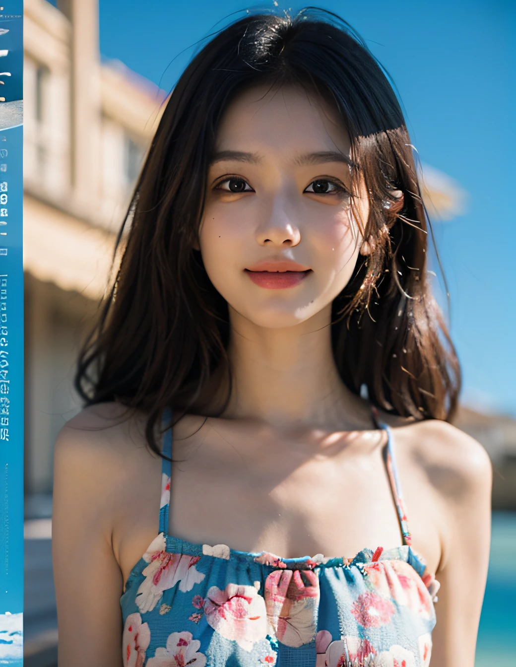 top-quality、masterpiece、超A high resolution、(film grains:1.4)、digital photo、bangss、Cinematographic lighting、(Fujicolor:1.2)
Standing of the whole body、Clear pores、1 girl in、Look at viewers、with a blue background(Photorealsitic:1.2)、She has a nice smile、Colorful summer outfits、There is a little skin exposure、