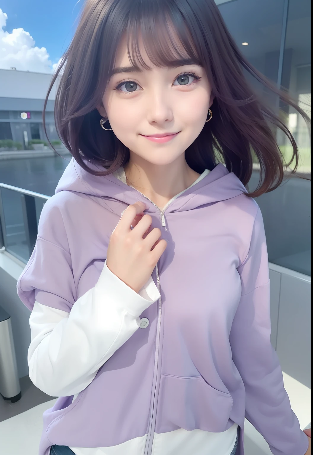 1girl, cute, medium long hair, smile, beautiful, not sexy, purple hoodie with white sleeve shirt, hand at chest, happy , woman face, realistic ,more detail, 70mm lens.