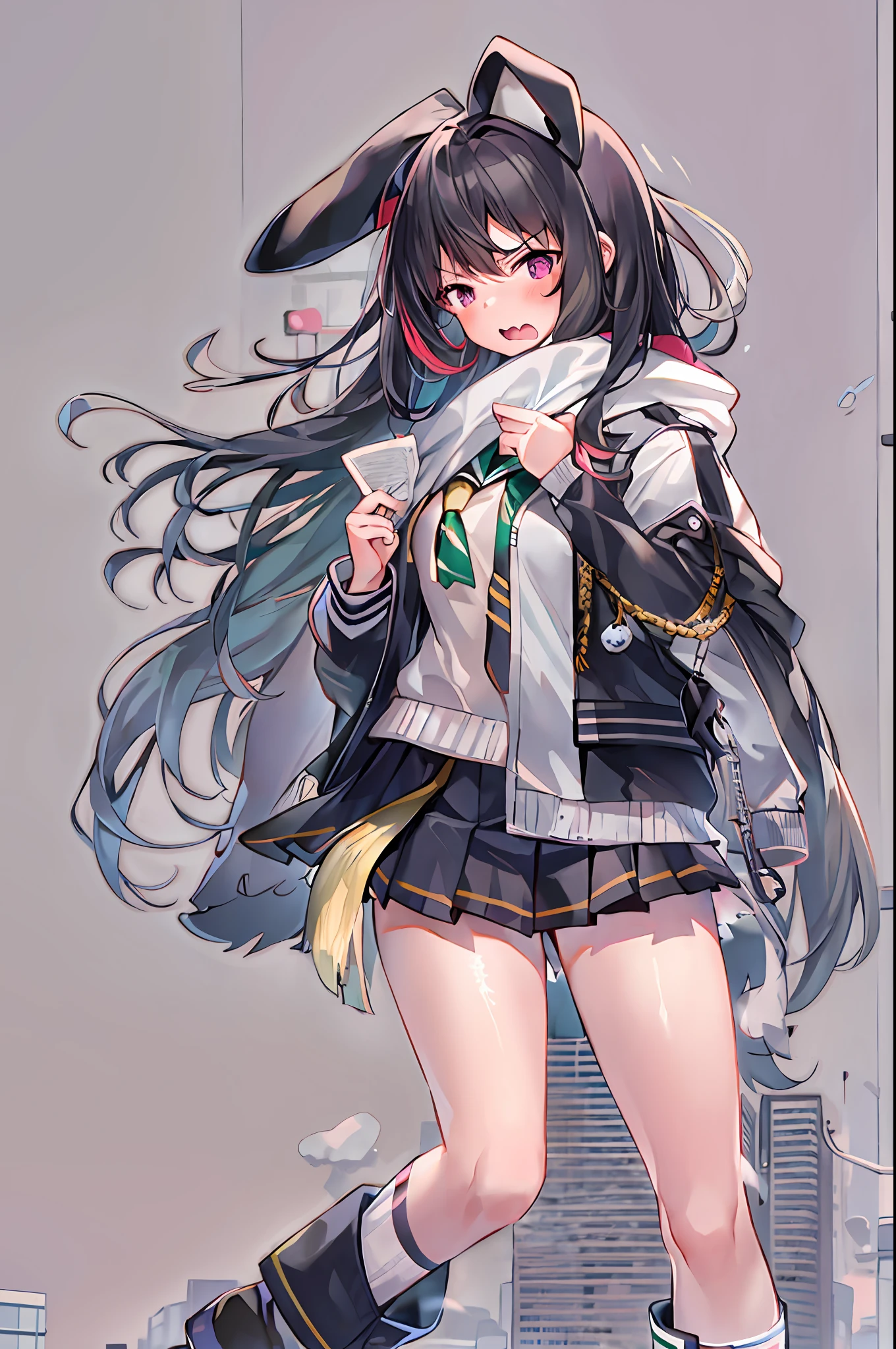 1girll, 16 years old, Two legs, Two hands, Bigger than the building, White jacket, Animal hood, White socks, Open jacket, Pleated skirt, Black skirt, Black sailor collar, school uniform, Black shirt, puffy long sleeves, standing, GTSCity, blush, angry, Anatomically correct, Textured skin
