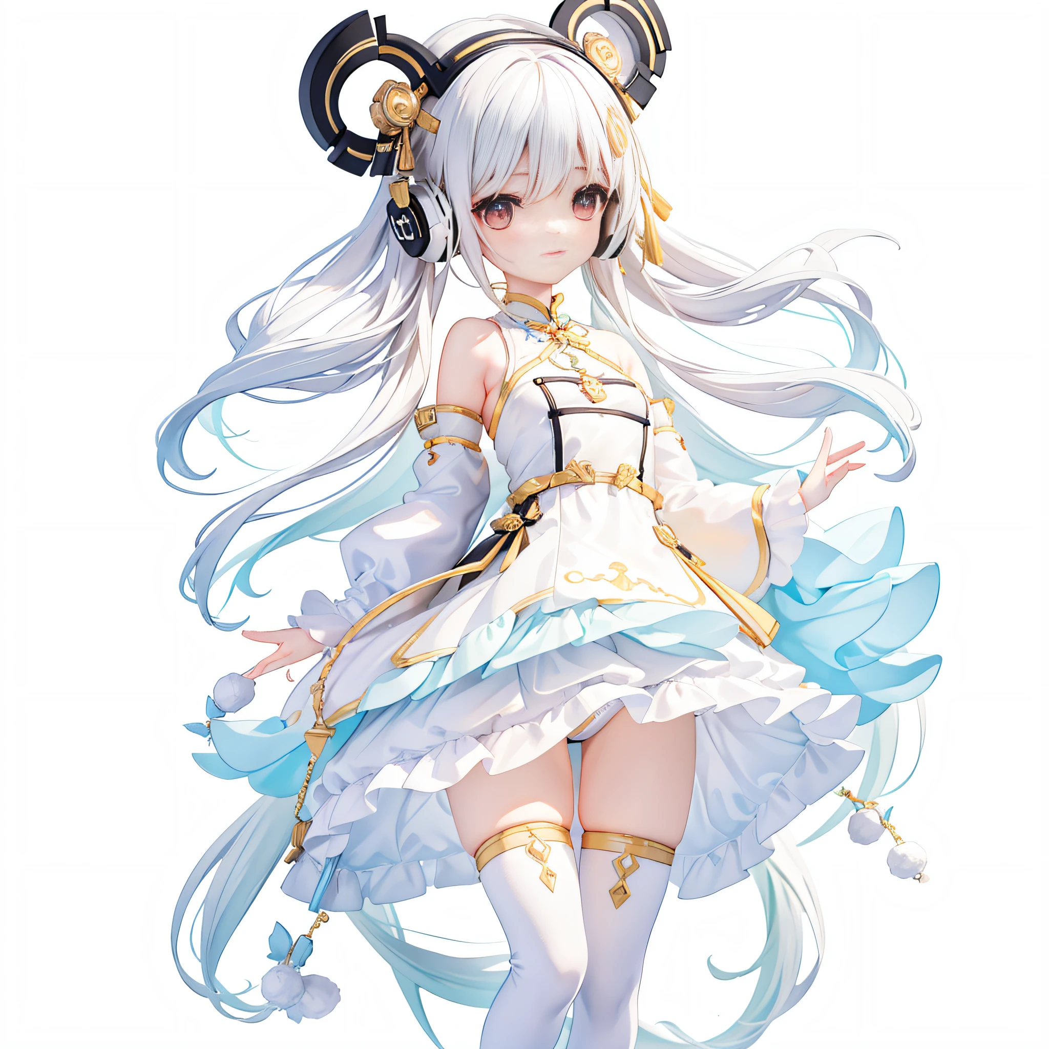 tmasterpiece，best qualtiy，Lots of detail，(full bodyesbian:1.2)，tchibi，Panda Boy，White color hair，Magic dress，Light-colored headphones，3Drenderingof，Q printmaking style 8k resolution random background