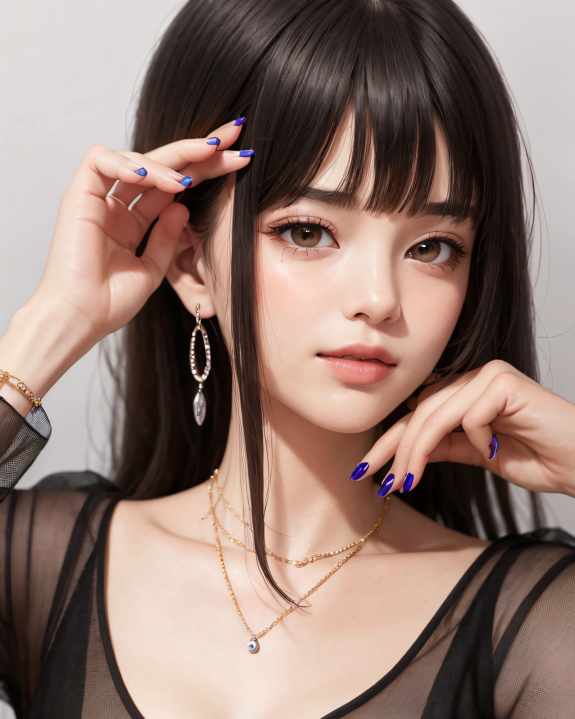 masterpiece、top-quality、ultra-detailliert、8K、Detailed light、detailed shadow、RAW、(Detailed skin)、(realisitic:1.2)、1 girl in、faces、Pilyeon、black nails、Pedras preciosas、length hair、Behold、a necklace,piercings, White background, heart, a closed mouth, grey eyes, manicure, symple background, A dark-haired, ear piercings, a smile, eye lashes, s lips, Put hand on cheek, bangss, A bracelet, bead, Pedras preciosas, 耳Nipple Ring、toenails、