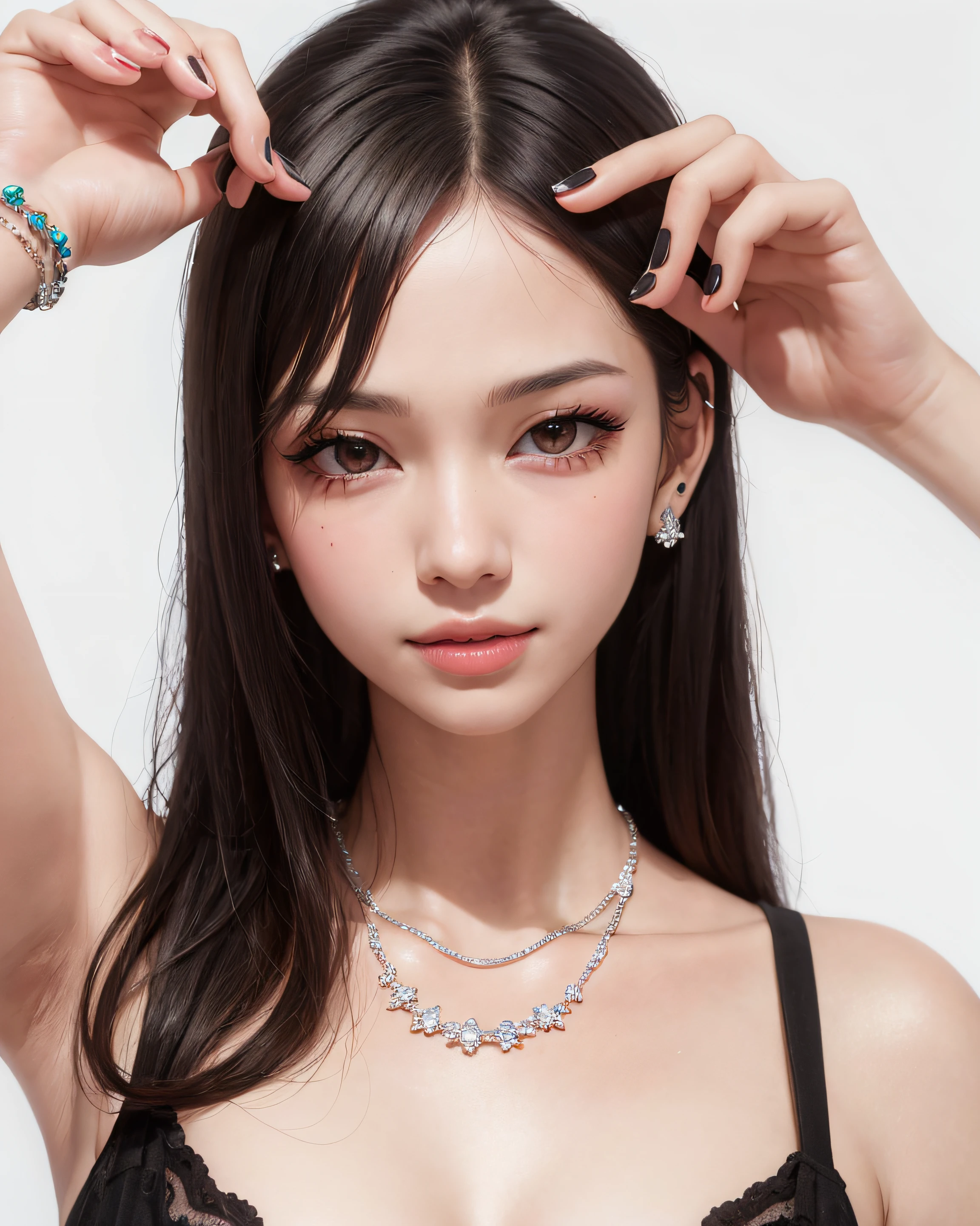 ​masterpiece、top-quality、ultra-detailliert、8K、Detailed light、detailed shadow、RAW、(Detailed skin)、(realisitic:1.2)、1 girl in、faces、Pilyeon、black nails、Pedras preciosas、length hair、Behold、a necklace,piercings, White background, heart, a closed mouth, grey  eyes, manicure, symple background, A dark-haired, ear piercings, a smile, eye lashes, s lips, Put hand on cheek, bangss, A bracelet, bead, Pedras preciosas, 耳Nipple Ring、toenails、