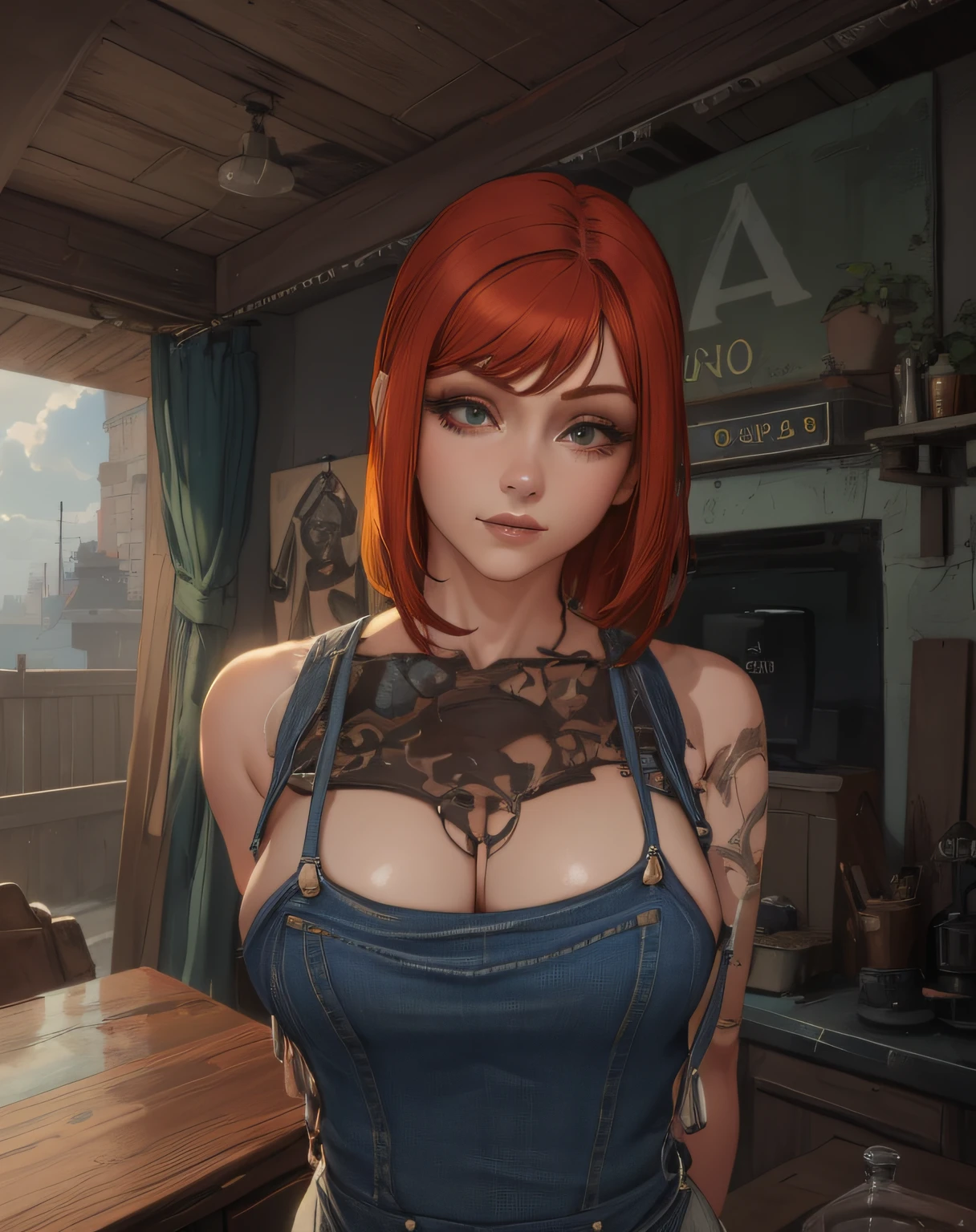 8k,master part, Qualidade BSET,Big, (1 girl), triss calêndula, verde_olho, orange hair, short hair, professional lighting, (pele brilhante: 1.2), grande brilhante, ((melhor qualidade)), foco nítido: 1.2, Textura altamente detalhada do rosto e da pele, Olhos detalhados, rosto perfeito, Corpo Perfeito, blur art, CG, Background Story, seios grandes, Presence (20 anos, rosto maduro, fresco e bonito), wearing blue jean overalls, wearing overalls, corar, (Mittgal), randome pose, Top view, olho perfeito, cara de raiva, Estilo de Arte Sakimichan