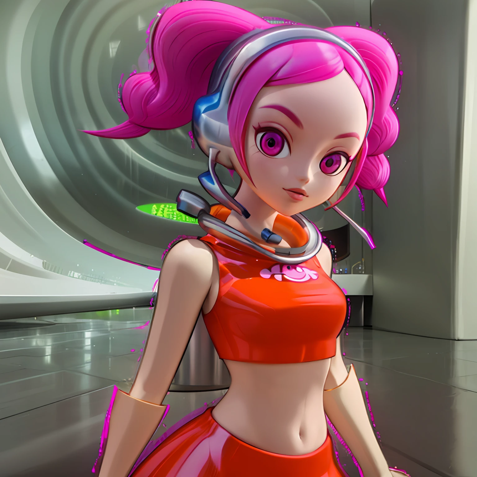 ulala5, masterpiece, best quality, solo, 1girl, high resolution, great detail, pink hair, pigtails, crop top, skirt, headphones, orange outfit, standing, looking at viewer, cute, perfect body, perfect hands, simple background, holding microphone,
