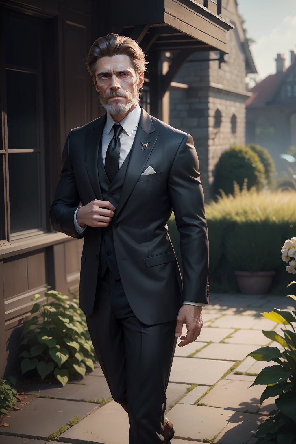 There is a man in a suit and tie standing in a garden, unreal engine character art, epic and elegant portrait, cinematic full character, Maxwell render, Highly detailed character, Willem Dafoe face with gray beard, wearing a black noble suit, 3 d render 8k character art, elegant cinematic pose, dressed in antique suit, he is in a garden of a house, cinematic realistic portrait, rendered in unreal 5, 8k portrait rendering, expressive look, detailed look, inspired by Willem's face dafoe