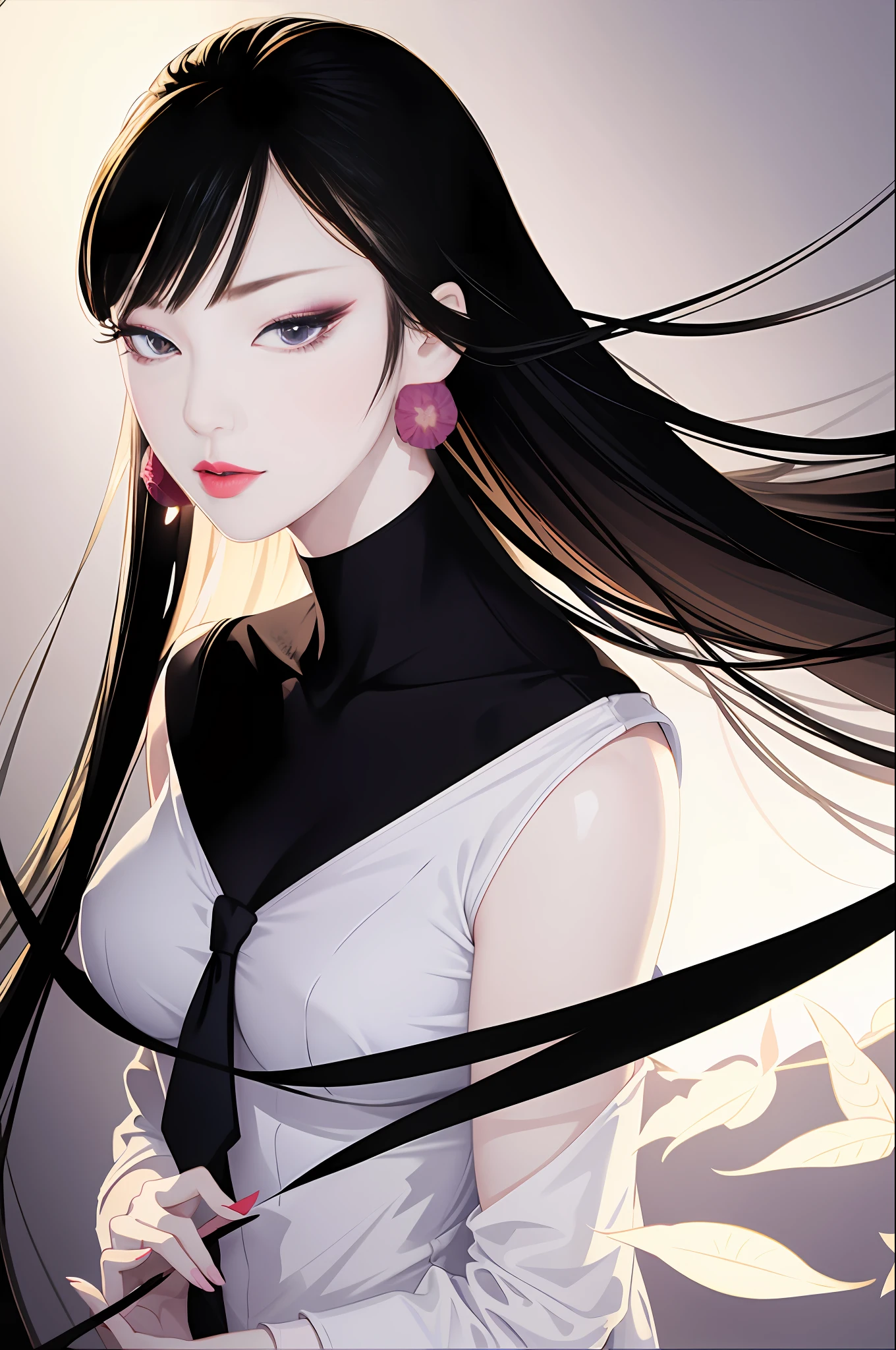 tsuruta ichiro, Narrow-eyed, 1girl in, Allback、deadpan、short-hair、shorth hair、brow、Reluctance、A dark-haired、Tucked Hair Solo, Cowgirl, Onepiece, ((mideum breasts)), Thin slit eyes、Black eyes, Light shines on the eyes、Black hair, gloves, Dress, Luxurious Jewelry, earrings, sharp eye、 elbow groves,Raise your hands and tie your hair back, random color, random color dress, Makeup for long eyes, Slender eyes、lip stick, Complex petal pattern, Rim Light, Back Light, pastel color,Studio Lighting