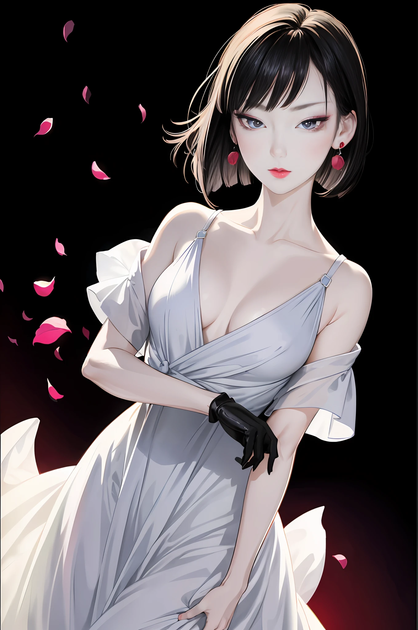 tsuruta ichiro, Narrow-eyed, 1girl in, Allback、deadpan、short-hair、shorth hair、brow、Reluctance、A dark-haired、Tucked Hair Solo, Cowgirl, Onepiece, ((mideum breasts)), Thin slit eyes、Black eyes, Light shines on the eyes、Black hair, gloves, Dress, Luxurious Jewelry, earrings, sharp eye、 elbow groves,Raise your hands and tie your hair back, random color, random color dress, Makeup for long eyes, Slender eyes、lip stick, Complex petal pattern, Rim Light, Back Light, pastel color,Studio Lighting