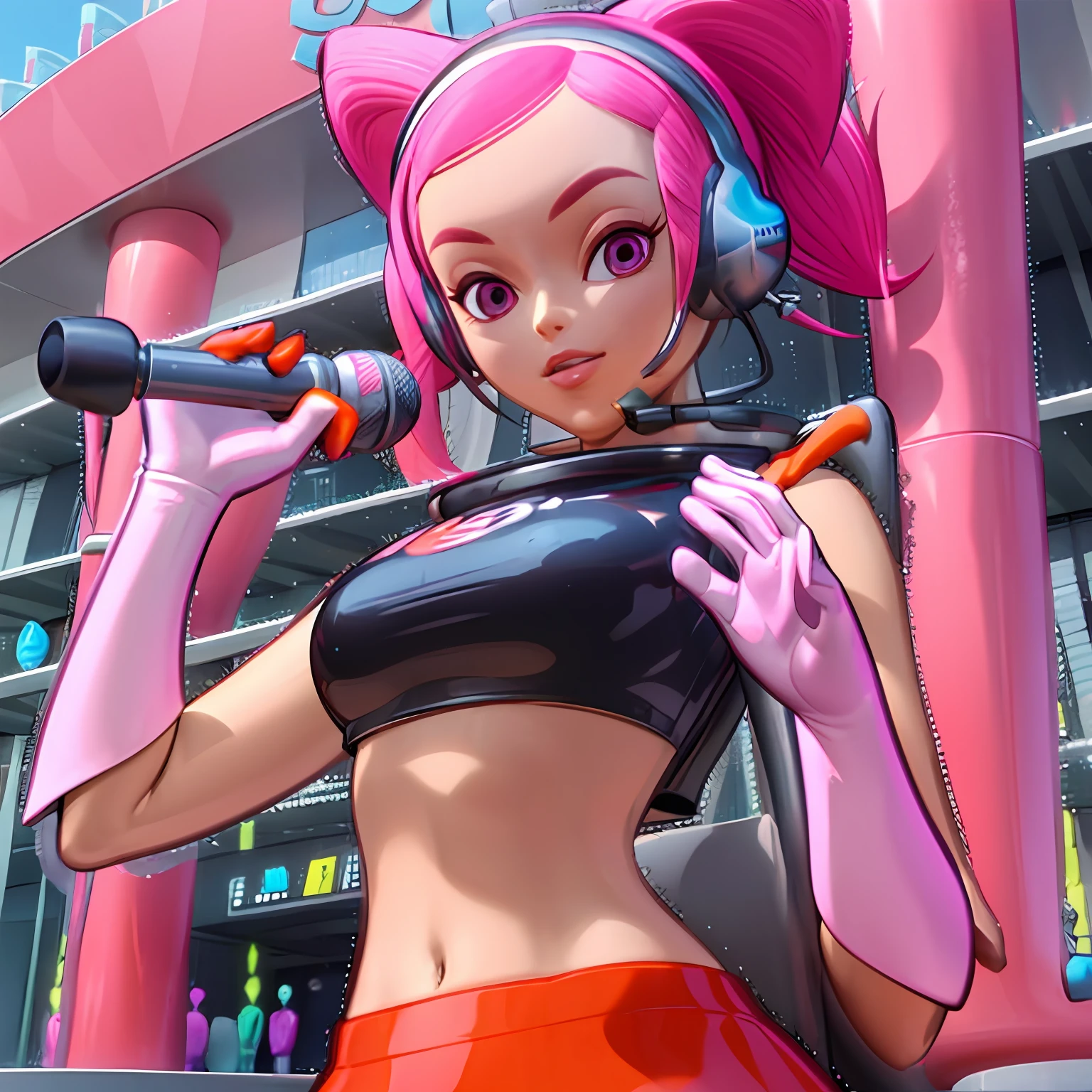 ulala5, masterpiece, best quality, solo, 1girl, high resolution, great detail, pink hair, pigtails, crop top, skirt, headphones, orange outfit, standing, looking at viewer, cute, perfect body, perfect hands, simple background, holding microphone, gloves,