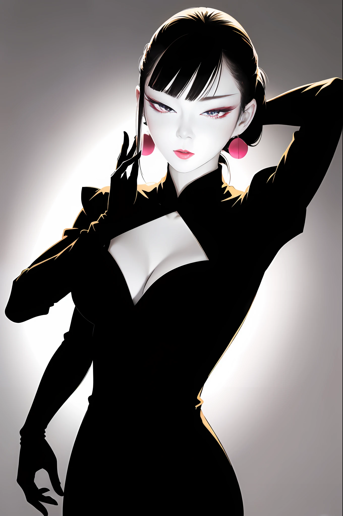 tsuruta ichiro, Narrow-eyed, 1girl in, Allback、deadpan、short-hair、shorth hair、brow、Reluctance、A dark-haired、Tucked Hair Solo, Cowgirl, Onepiece,  ((mideum breasts)),  Thin slit eyes、Black eyes, Light shines on the eyes、Black hair, gloves, Dress,  Luxurious Jewelry, earrings, sharp eye、 elbow groves,Raise your hands and tie your hair back, random color, random color dress,  Makeup for long eyes, Slender eyes、lip stick, Complex petal pattern, Rim Light, Back Light, pastel color,Studio Lighting