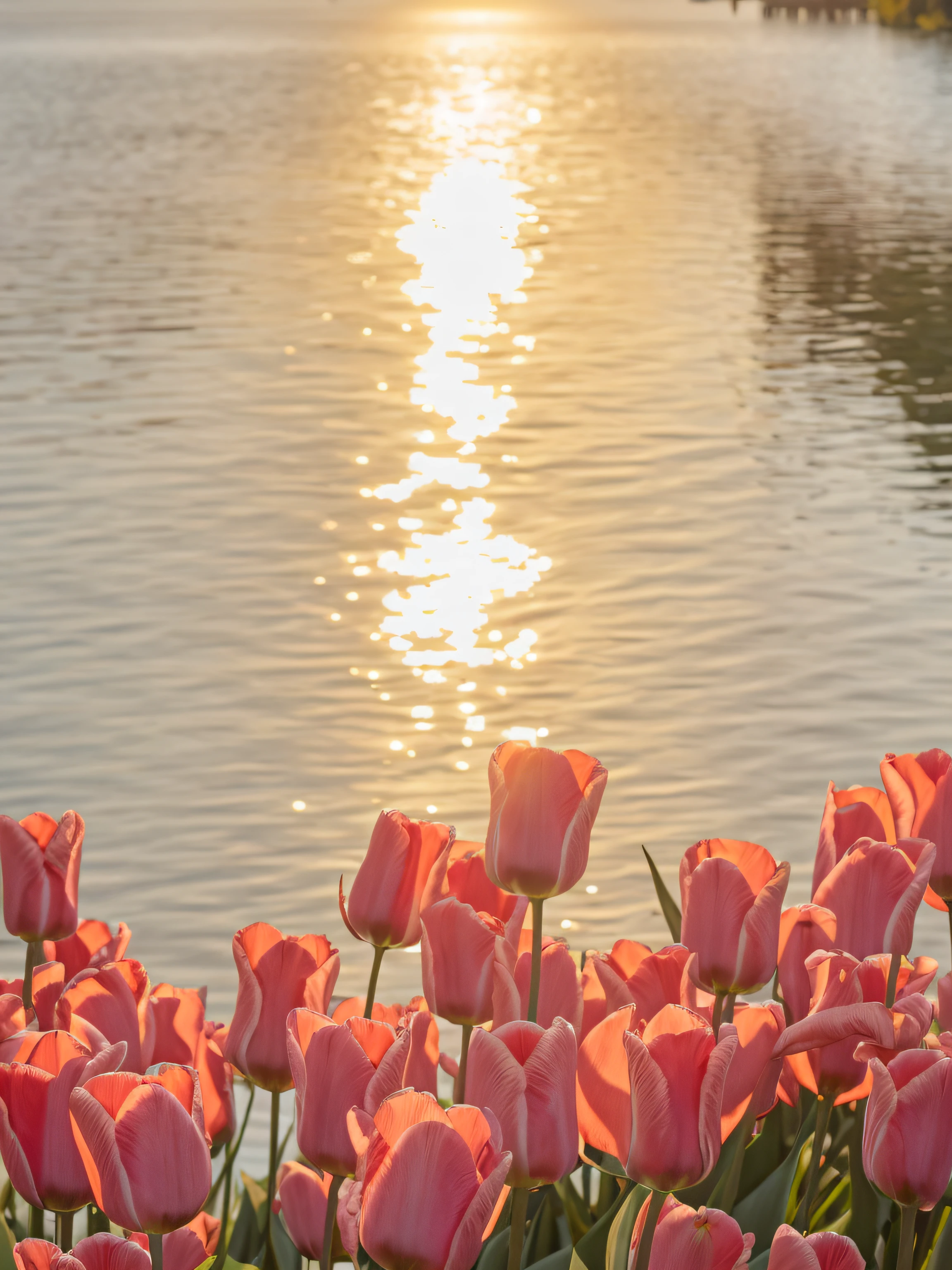 HighestQuali,Highest high resolution,Extremely detailed portrayal,high definition detail,8K UHD, digital SLR camera, gentlesoftlighting, high high quality, filmgrain, 富士XT3,Flowers in the foreground of the lake,The background is sunset, at sunrise in springtime, in the golden hour, in the golden hour, Early morning light, morning golden hour, floral sunset, pink golden hour, taken at golden hour, sunset warm spring, Soft morning light, Beautiful Late Afternoon, shining golden hour, Roses and tulips, Soft glow, filtered evening light