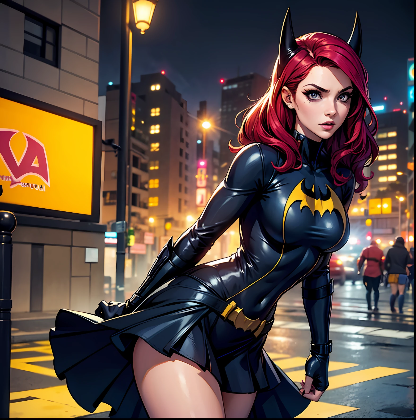 Batgirl, na cidade, chuva, a noite, vestido colado, corpo inteiro, ruiva, cabelo ruivo, 8k, sensual, chuva