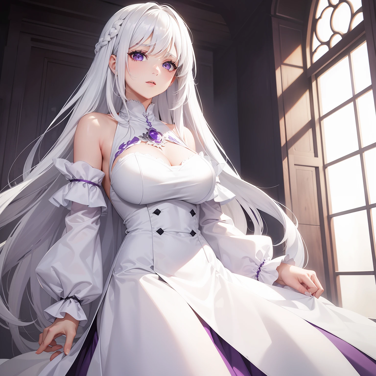 a women, white hair, purple eyes, white dress