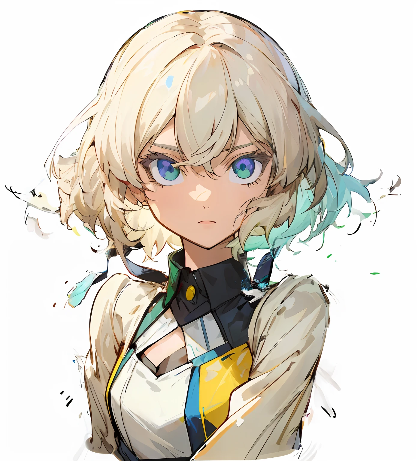 Anime girl with green eyes and yellow top, Portrait Chevaliers du Zodiaque Fille, knights of zodiac girl, rogue anime girl, offcial art, Girl with white hair, Girl with short white hair, Anime character art, official character art, a blonde emerald warrior, detailed anime character art,