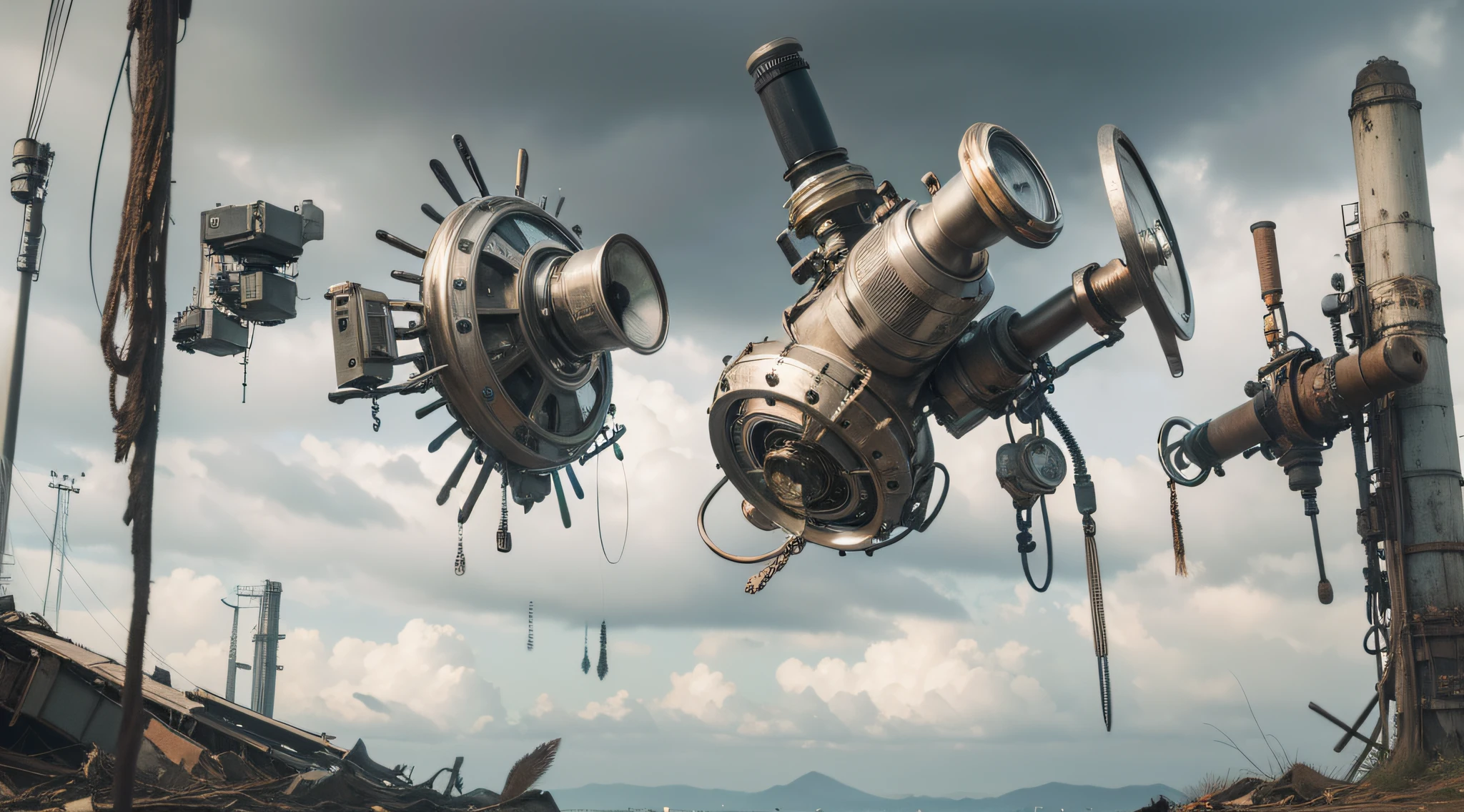 a heavily distorted, fading late morning heavily overcast sky, a singular object comprised of contorted feathers/machinery/pipes/rusted components is floating in the air, extra detail, 4kHD details, best resolution, surrealistic composition, extreme camera angle, motion blur, depth of field, foreshortening, tilted camera angle, cinematic lighting, movie scene, precise details, intense details, panoramic image, fish eye lens
