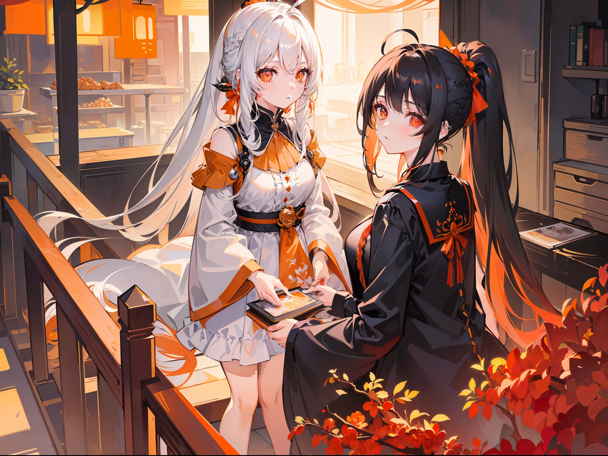 Anime,(masterpiece,bestquality,highlydetailed,highlydetailed,ultra-detailed, 2 girls, (1 girl,bishoujo,stare,red eyes,beautiful detailed eyes,long hair,white hair:0.5,silver_hair:0.5,hair wings,ahoge,Hair rings,braid,cold), (1 girl,black hair, (ponytail : 1.2), long hair, (orange accessory : 0.7), amber eyes, (beautiful girl), bangs, princess hairstyle))