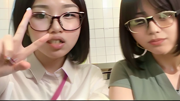 Two bespectacled women make peace signs with their fingers, personal profile picture, low quality video, tiktok video, yoshitomo nara and aya takano, Ruan Jia and Fenghua Zhong, very very low quality picture, Ruan cute vtuber, very very low quality, low quality footage, 8k selfie photograph, Profile picture, video still
