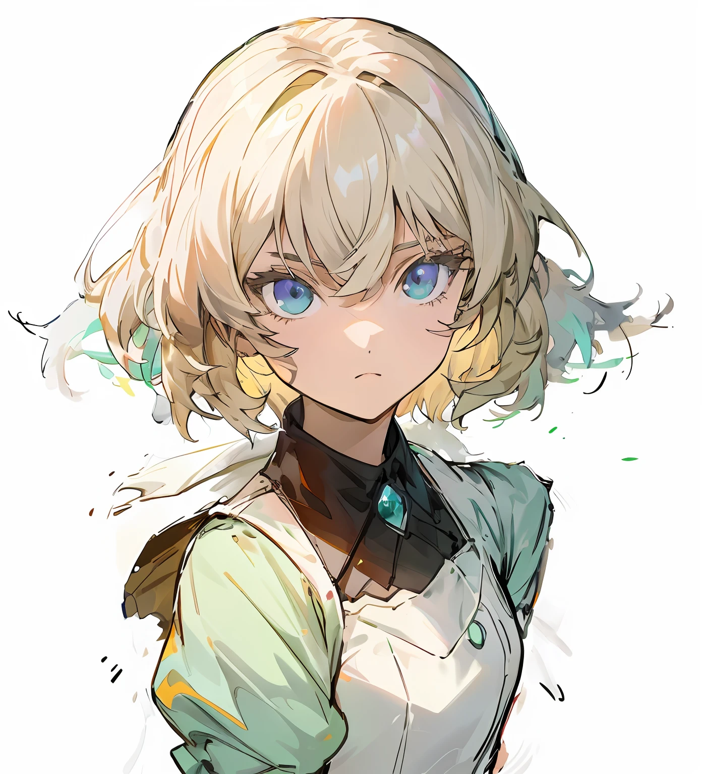 Anime girl with green eyes and yellow top, Portrait Chevaliers du Zodiaque Fille, knights of zodiac girl, rogue anime girl, offcial art, Girl with white hair, Girl with short white hair, Anime character art, official character art, a blonde emerald warrior, detailed anime character art,