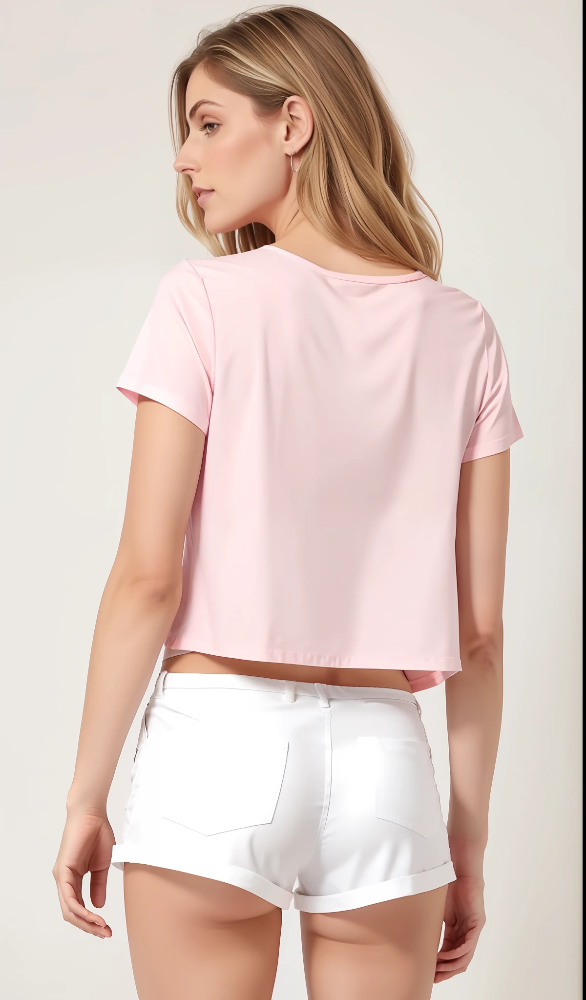 A woman in white shorts and a pink shirt stands, com corte rasgado t - camisa, topo de corte, Back view, back view also, camisa rosa, rear facing, Backview, Topo de colheita, voltar - ver, rosa pastel, view of the back, rosa desbotado, rosa claro, Costas - Tiro, recortar, midriff exposto, tiro longo das costas