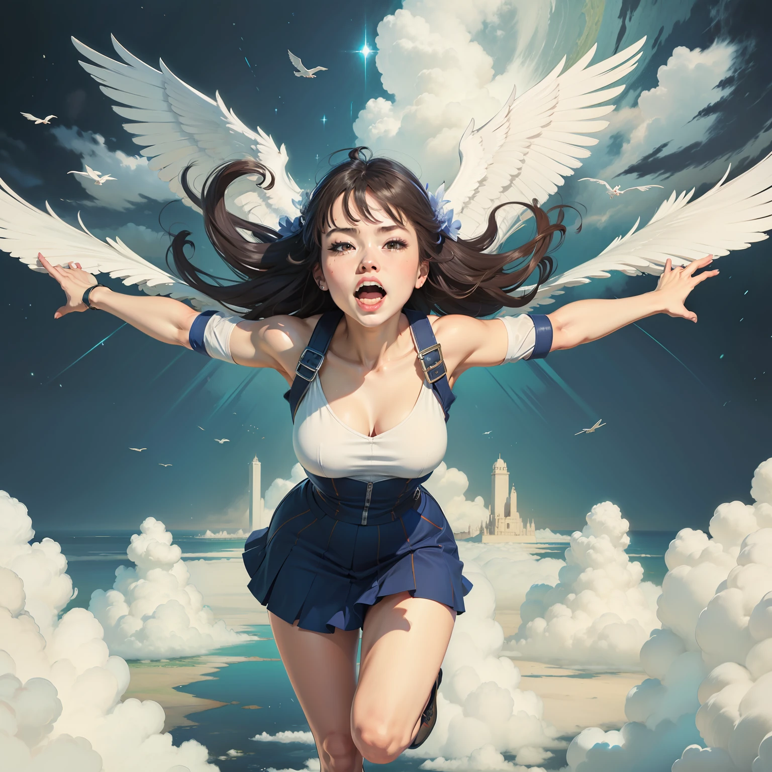 "1girl, soaring through the sky, in glorious 8k."