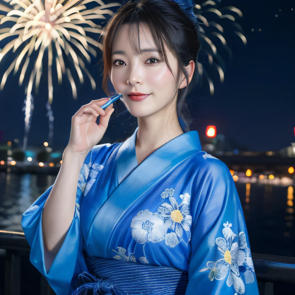 ((masterpiece、top-quality、ultra-definition、hight resolution))、4K.独奏、Beautiful woman at 33 years old、Korea person、Slimed、the perfect body、Beautiful sister、Blue theme、Yukata、Fireworks at night in the background、Japan Yukata