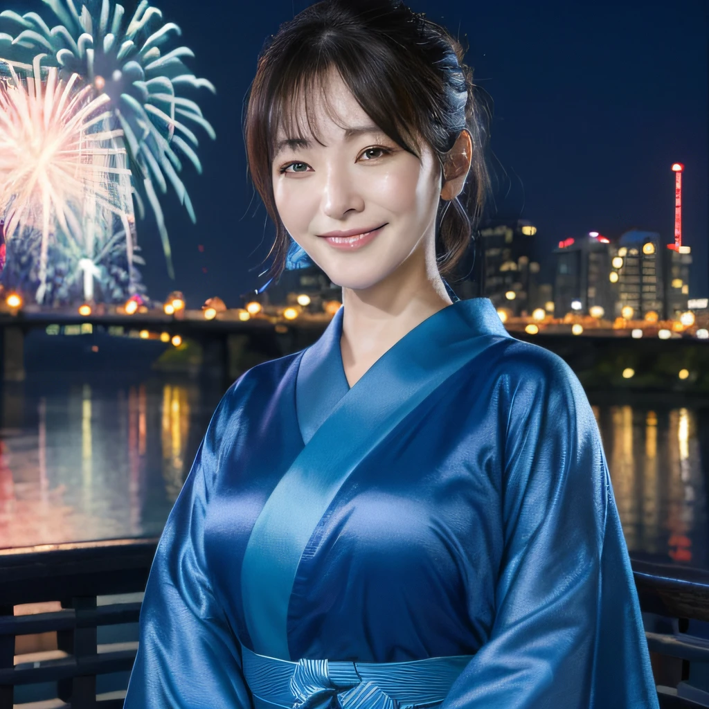 ((masterpiece、top-quality、ultra-definition、hight resolution))、4K.独奏、Beautiful woman at 33 years old、Korea person、Slimed、the perfect body、Beautiful sister、Blue theme、Yukata、Fireworks at night in the background、Japan Yukata
