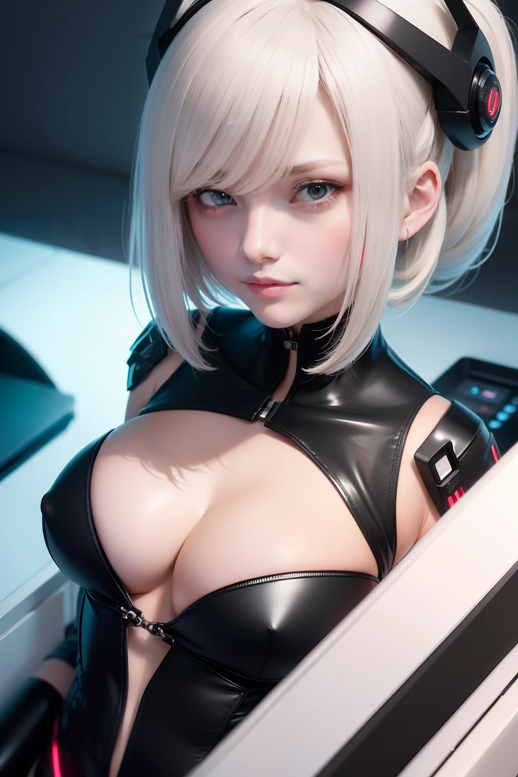 Highest picture quality,Herausragende Details,ultra-high resolution,(Treue:1.4),Die beste Illustration,Bevorzugen Sie die Details,Close-up décolleté,A mech girl,He has a delicate and beautiful face,((Red and white semi-mechanical housing:1.8)),Sexy erzogen,乳溝, Vorderfront,auf dem Bett, Cyber Punk Perssonage,futuristisch,mechanically aesthetically pleasing,Komplexer Maschinenpark,Hintergrund ist eine High-Tech-Lichtszene in der Stadt der Zukunft,Virtuelle Engine 5,Perfekte Detailwiedergabe,Rendering von Octane,hyper HD