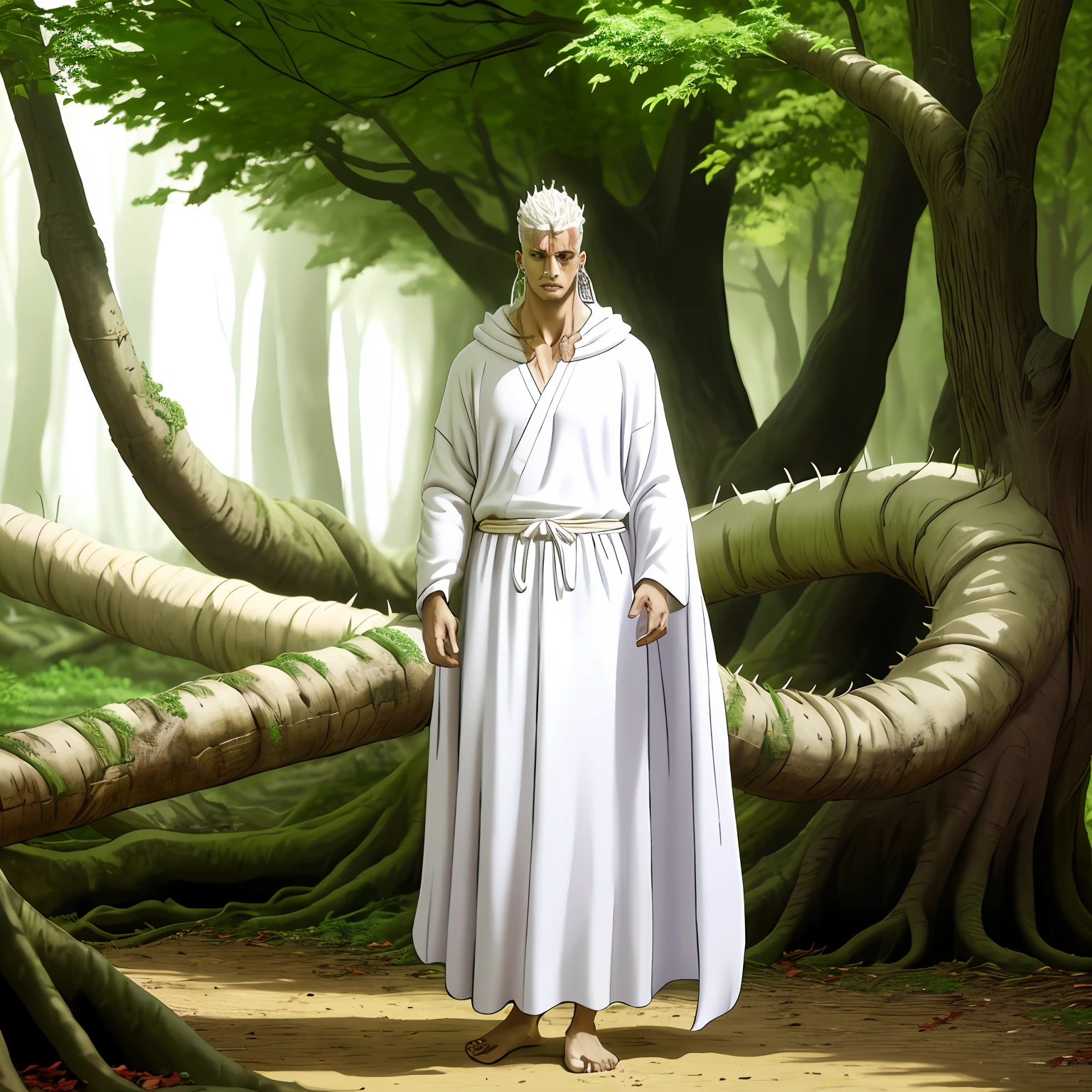One was dressed in a white robe,A man with a crown of thorns on his head,Stand in front of a big tree, There are many tentacle-like roots hovering in front of the man, looking for enemies