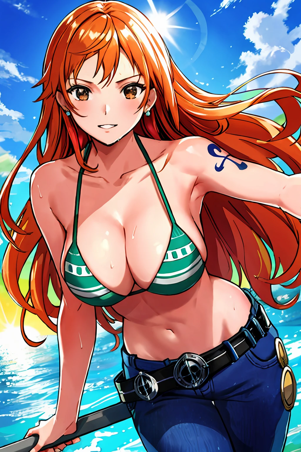 detailed background, masterpiece, 4k, best quality, late youth, adult, wrestler body, 1girl, active, energic, uppercut, (large mouth) , solo, nami \(one piece\), 1girl, bangle, (very wet, drenched in sweat, sweat all over body, very wet hair, tired, taking breath, open mouth, hand on stomach, sweaty face, sweaty body, panting, sweating too much, shiny sweat, sweat stains, leaning forward, tilting, hands on knees, waving good bye), perfect detailed face, bold drawing lines, muscular arms, detailed bold arm lines, flat jaw, adult woman, wavy wide streaked bangs, floating bang streaks, (big cheeks), bare shoulders, off-shoulders, belt, bikini, bikini top only, blue sky, bracelet, springy breasts, breast lines, big round eyes, plain big brown shiny eyes, bubbles, high eye position, cleavage, cloud, day, denim, earrings, floating hair, shiny hair, green belt, green bikini, bold groin lines, jeans, jewelry, large breasts, log pose, long hair, looking at viewer, navel, wet hair, orange hair, pants, shoulder tattoo, sidelocks, sky, solo, standing, stomach, swimsuit, tattoo , looking at viewer, open mouth, detailed left arm, big forehead, hourglass figure, small head, toned body, wide hair, wind effect, sun effect, under the sun, narrow small ears angle, older, random poses,